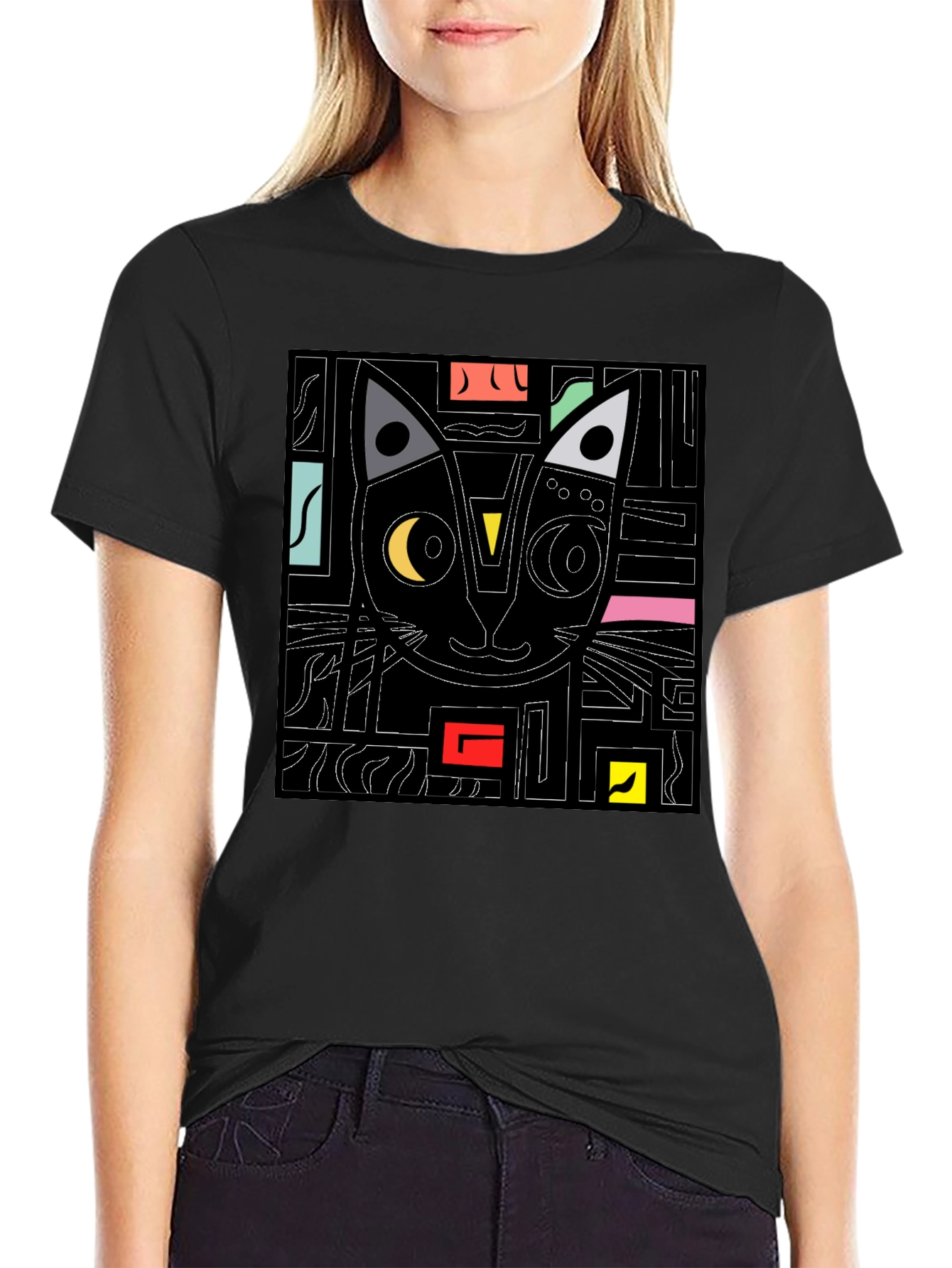 Abstract Cat Graphic T-Shirt - Modern Black Tee