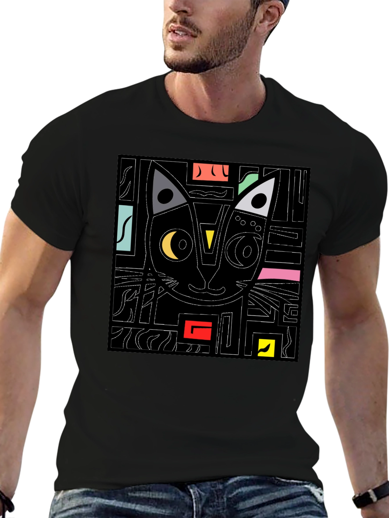 Abstract Cat Graphic T-Shirt - Modern Black Tee
