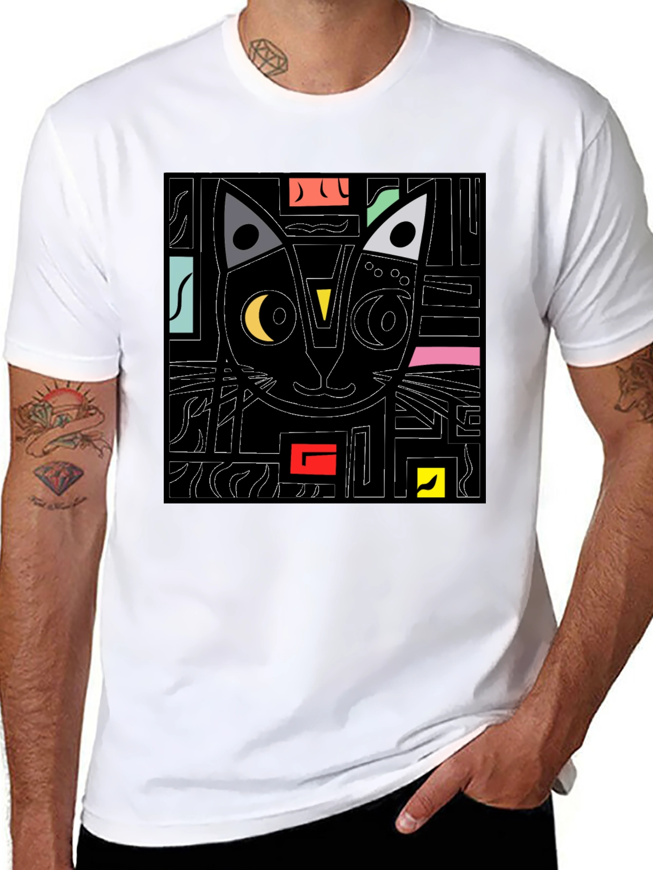 Abstract Cat Graphic T-Shirt - Modern Black Tee