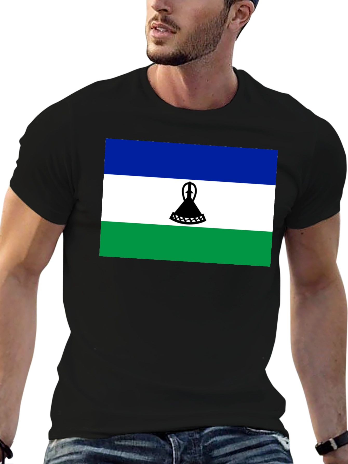 Lesotho Flag Graphic Tee - Black Cotton T-Shirt