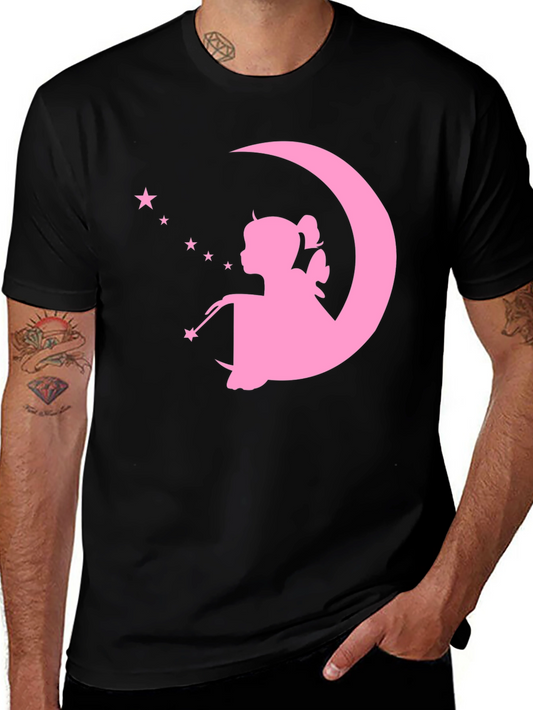 Magical Fairy Moon Graphic Tee - Black Cotton T-Shirt