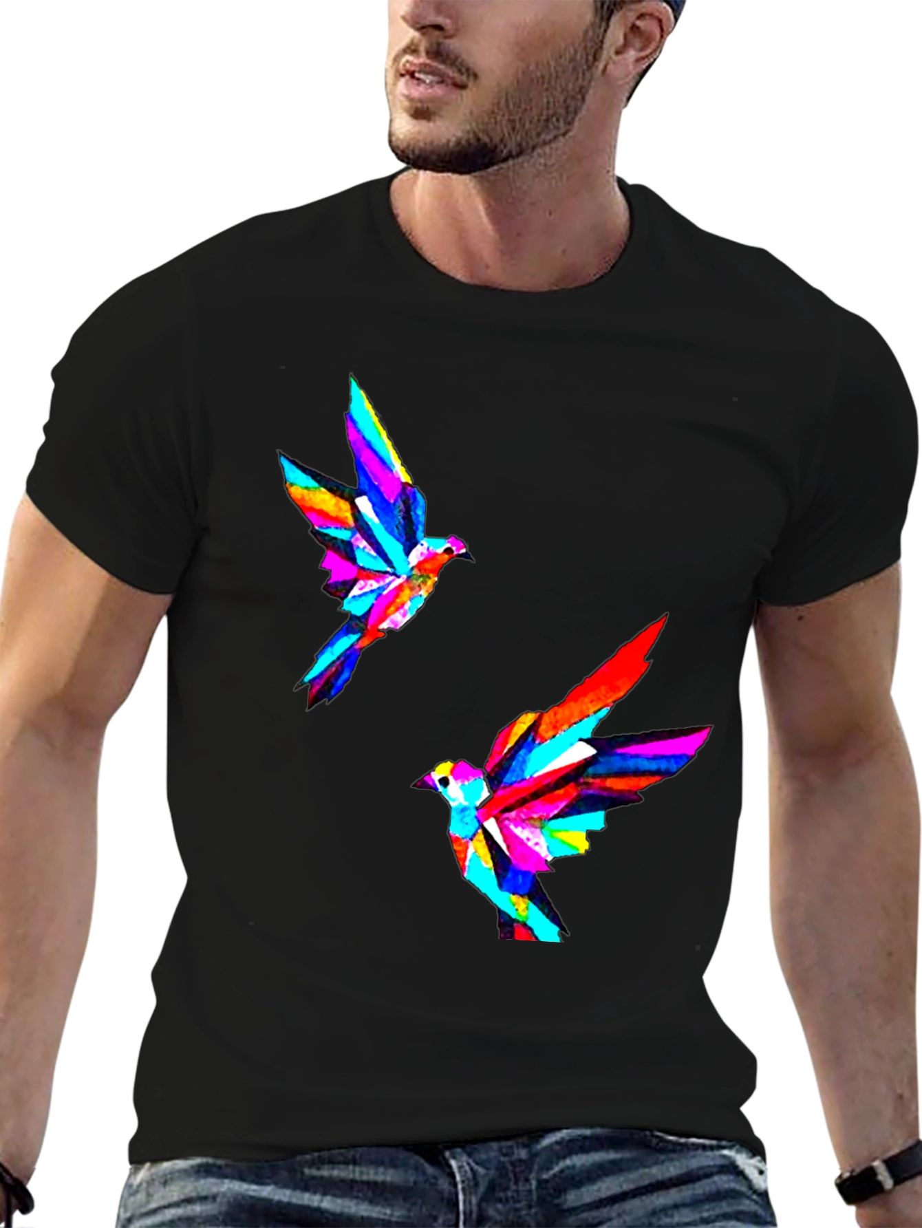 Geometric Bird Print Black T-Shirt