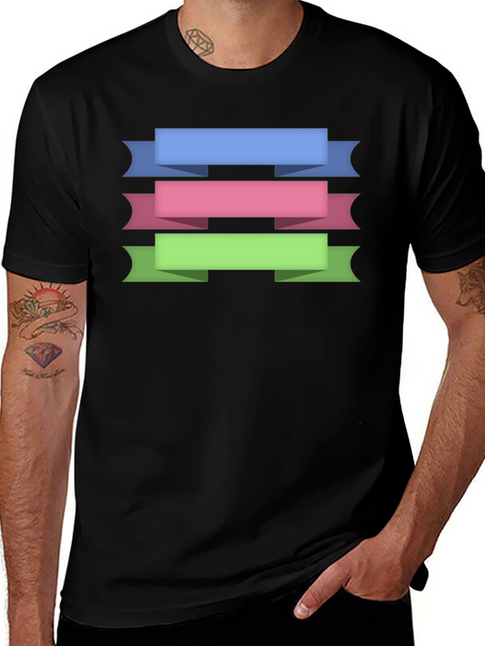 Graphic T-Shirt with Colorful Ribbon Design - Black
