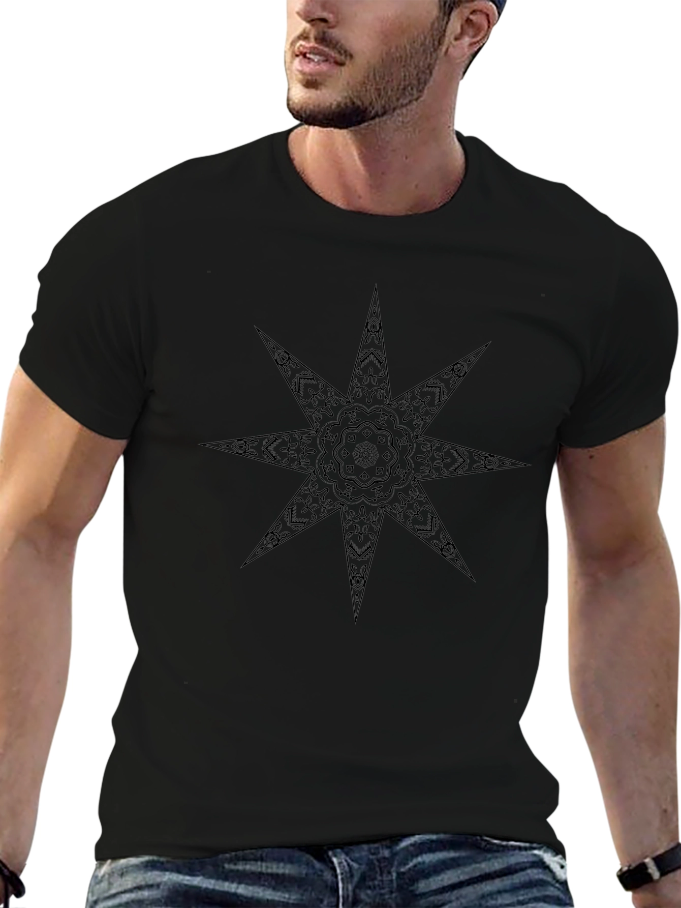 Geometric Starburst Tee - Black Cotton Blend Casual Shirt