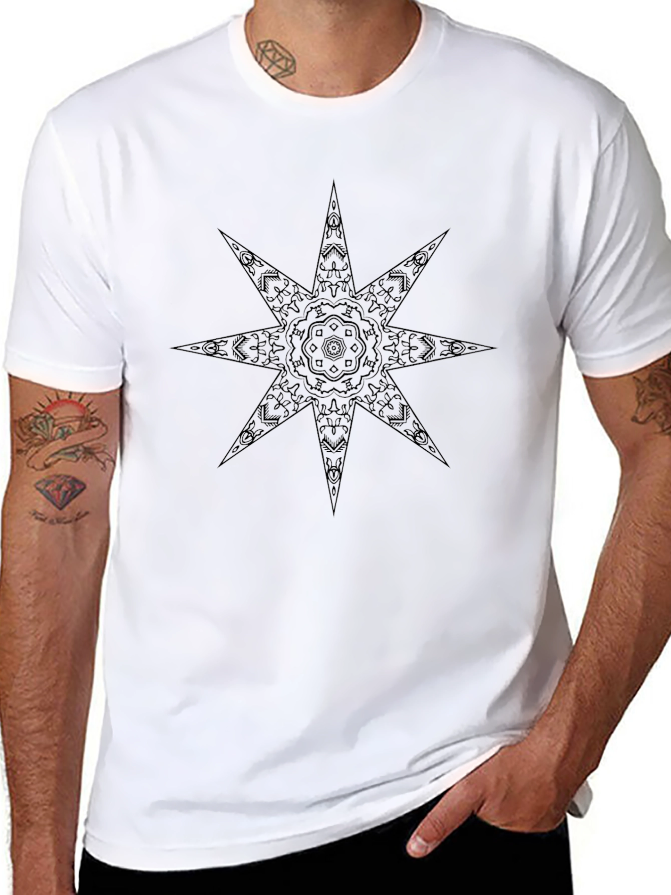 Geometric Starburst Tee - Black Cotton Blend Casual Shirt