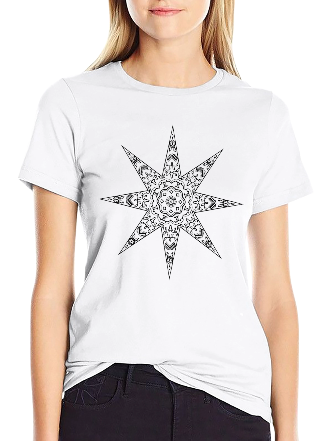 Geometric Starburst Tee - Black Cotton Blend Casual Shirt