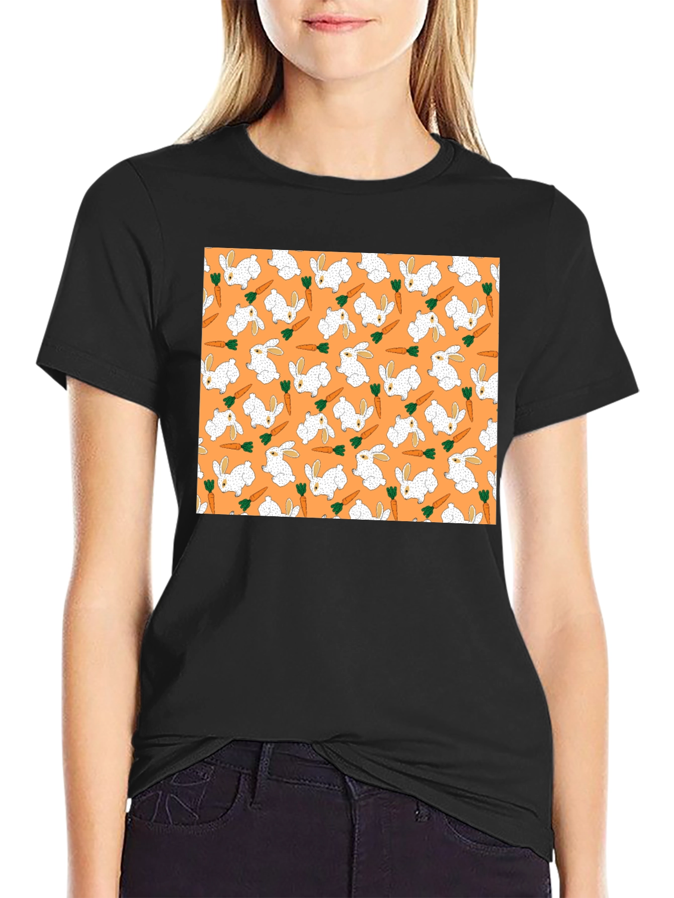 Rabbit & Carrot Patterned Black T-Shirt