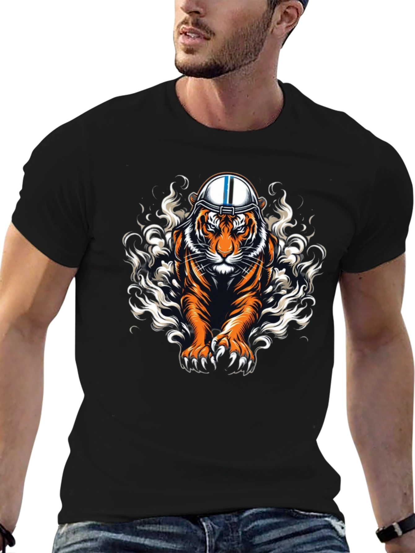 Tiger Helmet Graphic Print Black T-Shirt