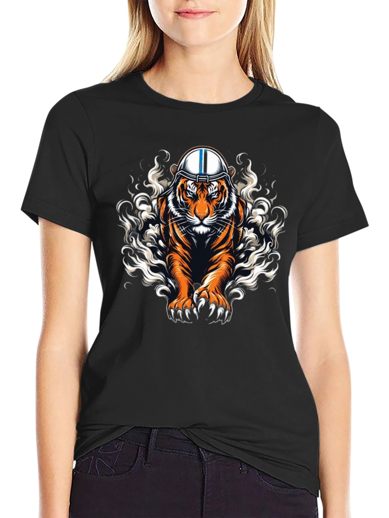Tiger Helmet Graphic Print Black T-Shirt