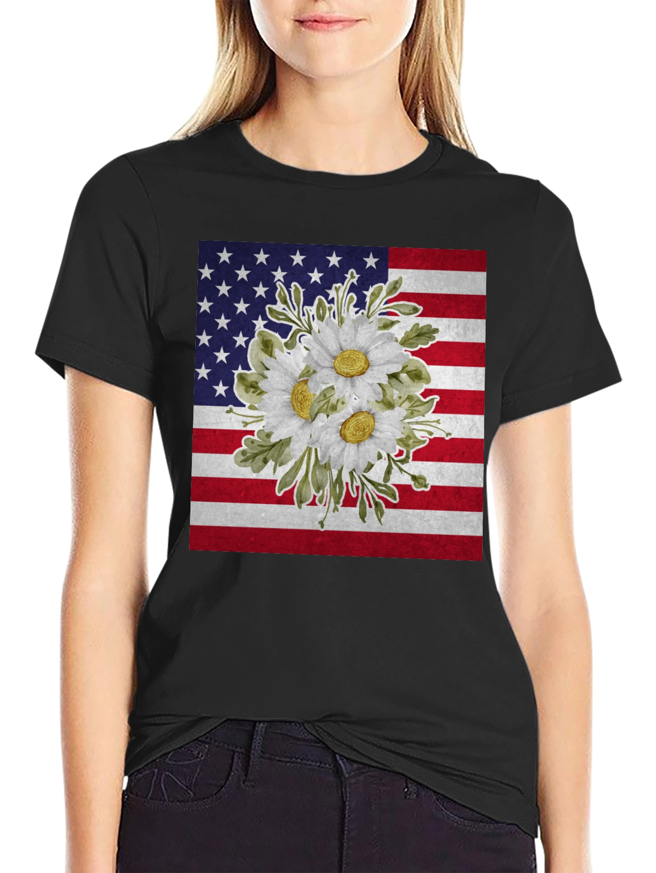 Floral American Flag Graphic T-Shirt