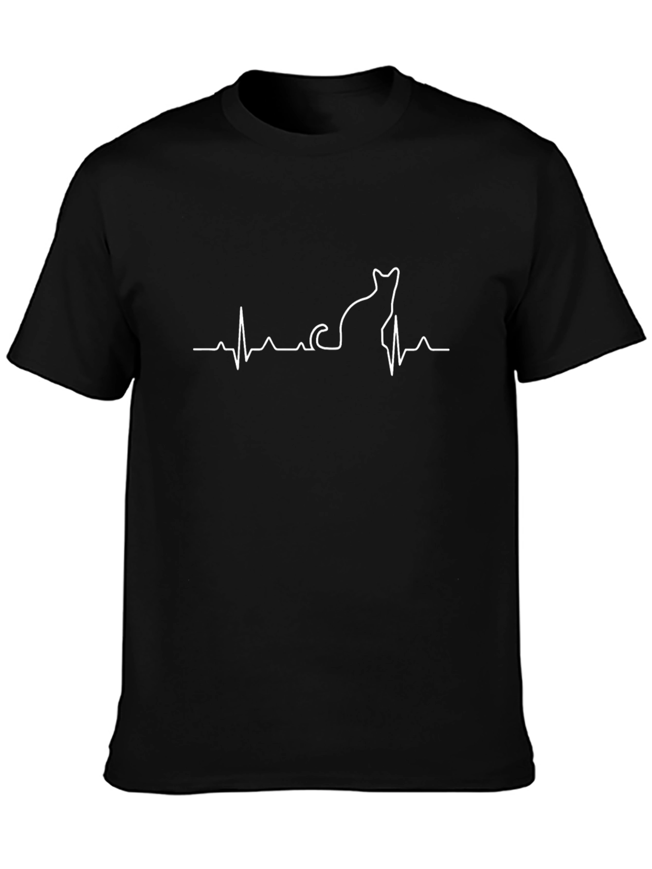 Cat Heartbeat Line Art Black T-Shirt