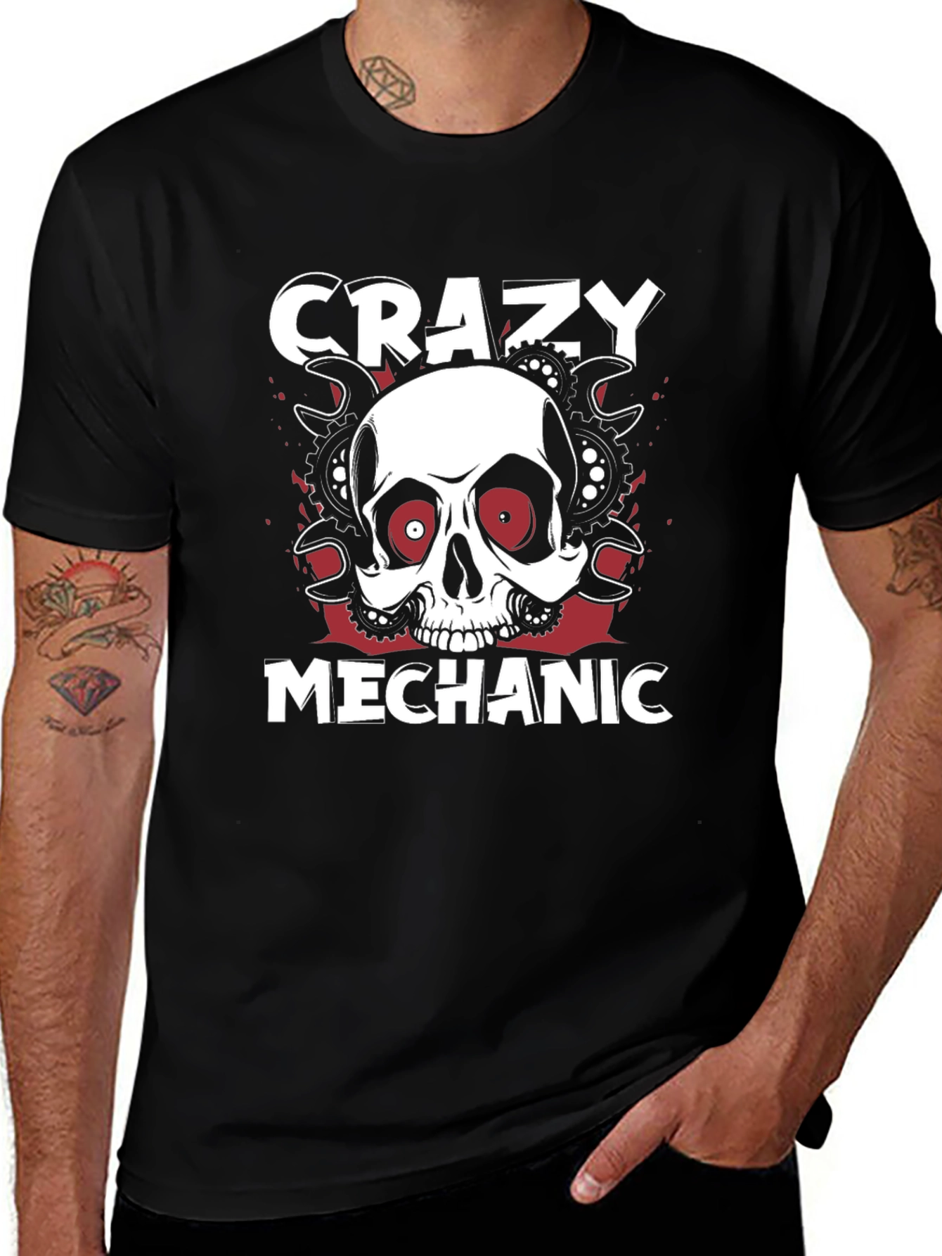 Crazy Mechanic Skull Graphic T-Shirt