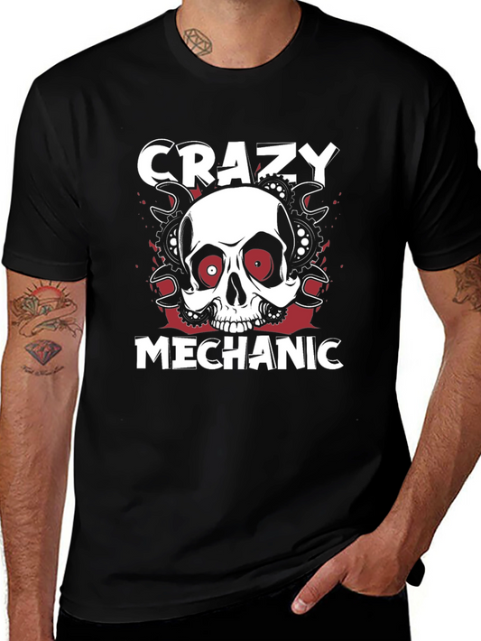 Crazy Mechanic Skull Graphic T-Shirt