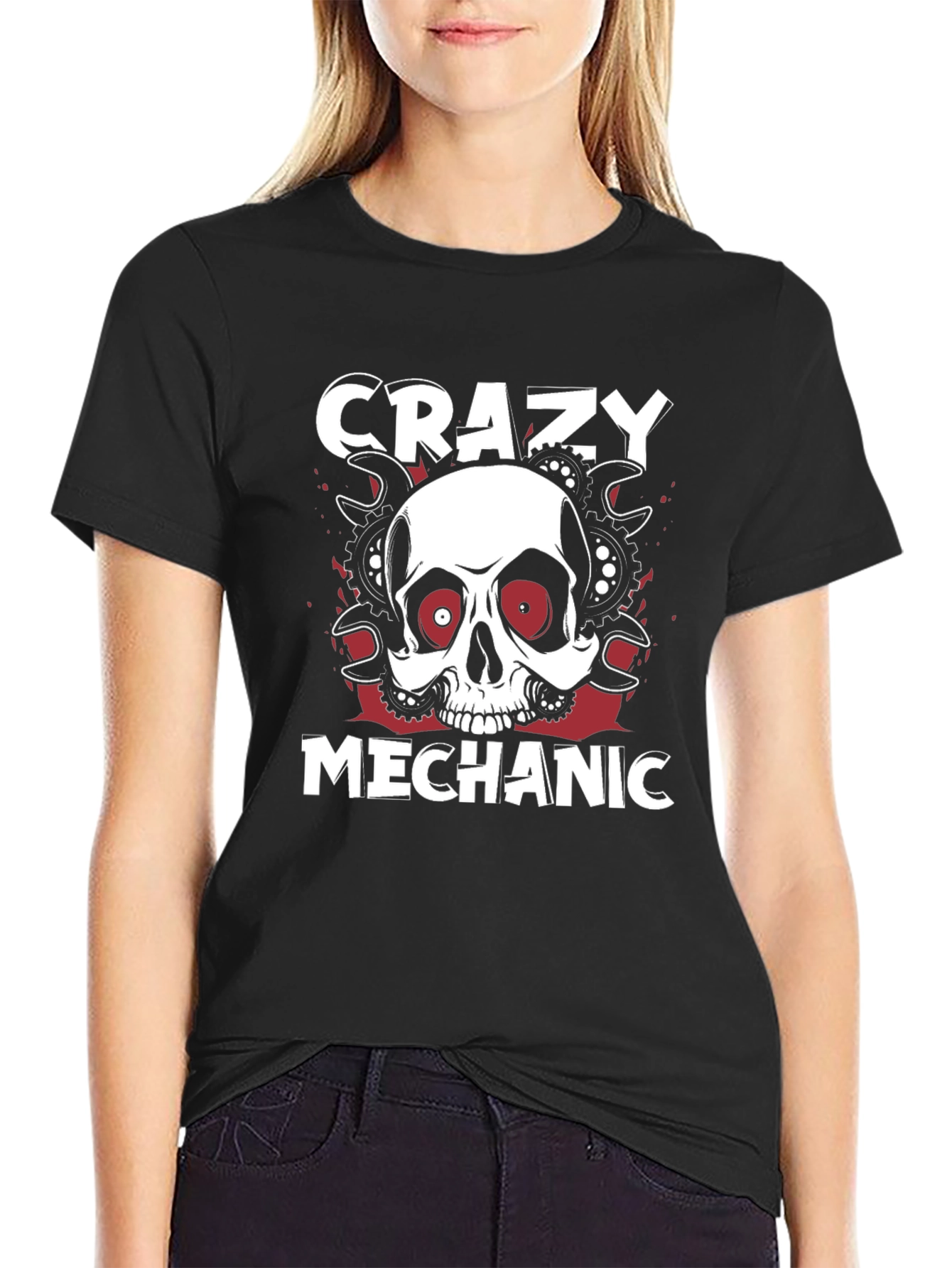 Crazy Mechanic Skull Graphic T-Shirt