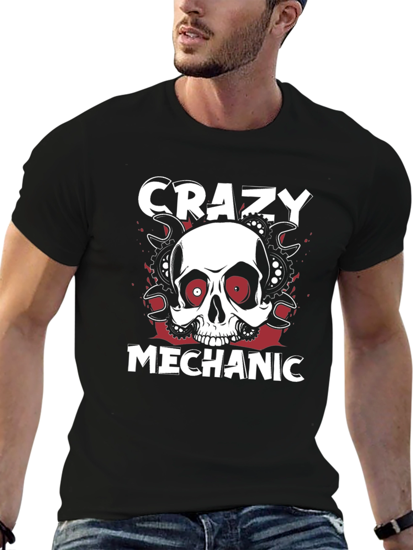 Crazy Mechanic Skull Graphic T-Shirt