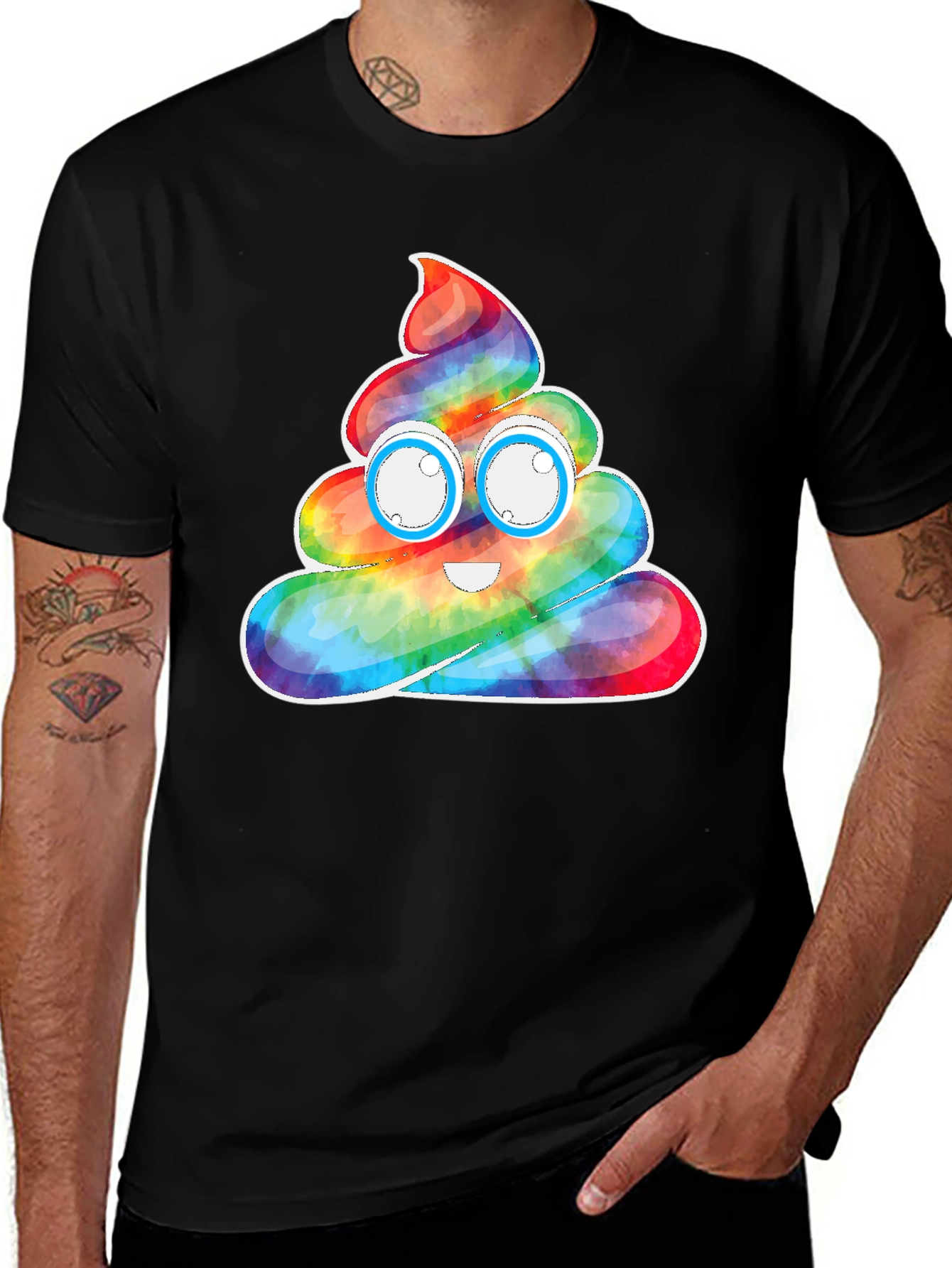 Rainbow Poop Emoji Graphic Tee - Black Cotton T-Shirt