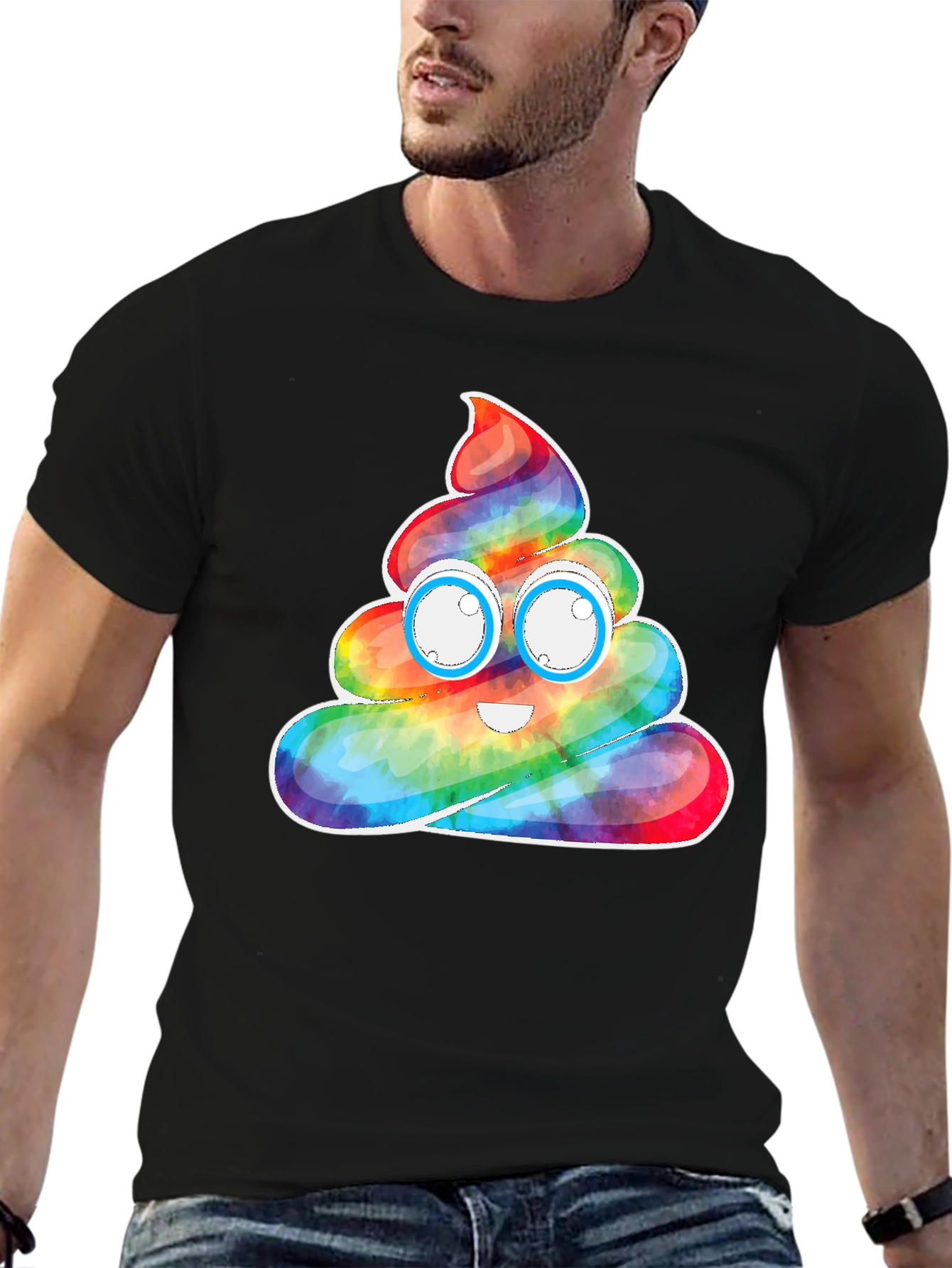 Rainbow Poop Emoji Graphic Tee - Black Cotton T-Shirt