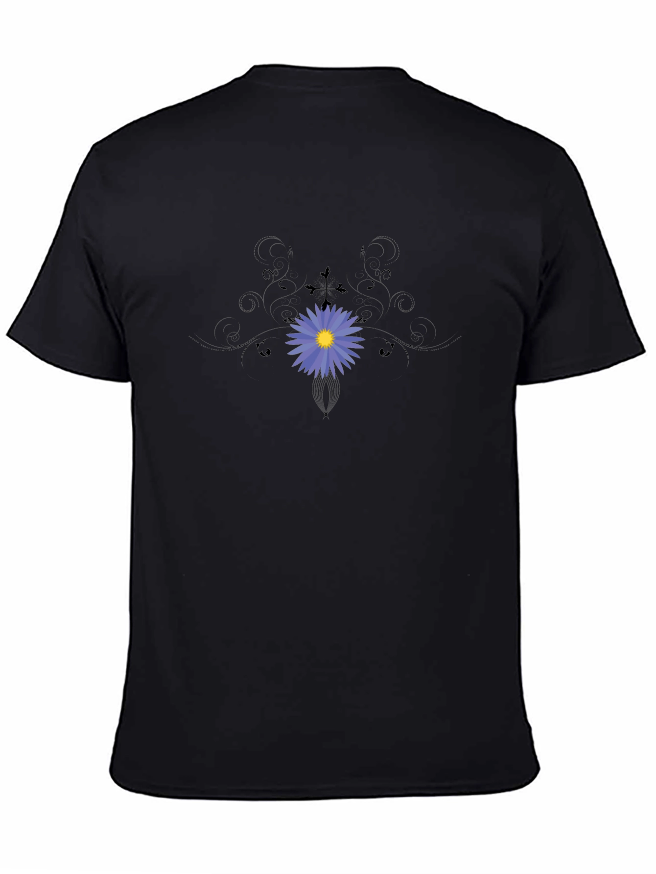 Black T-Shirt with Blue Flower Graphic