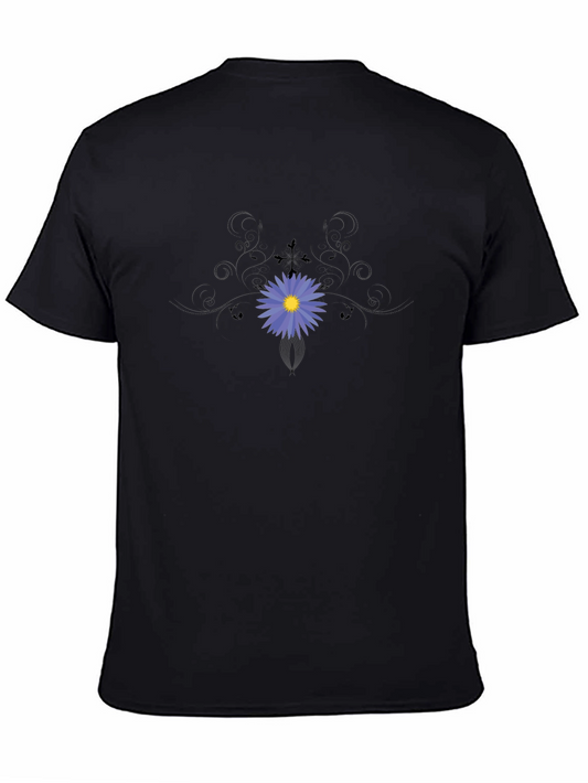 Black T-Shirt with Blue Flower Graphic