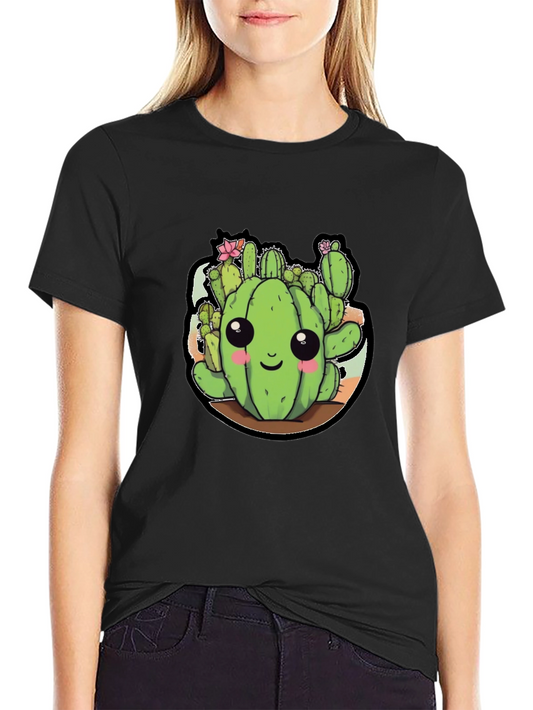 Cute Cactus Cartoon Black T-Shirt