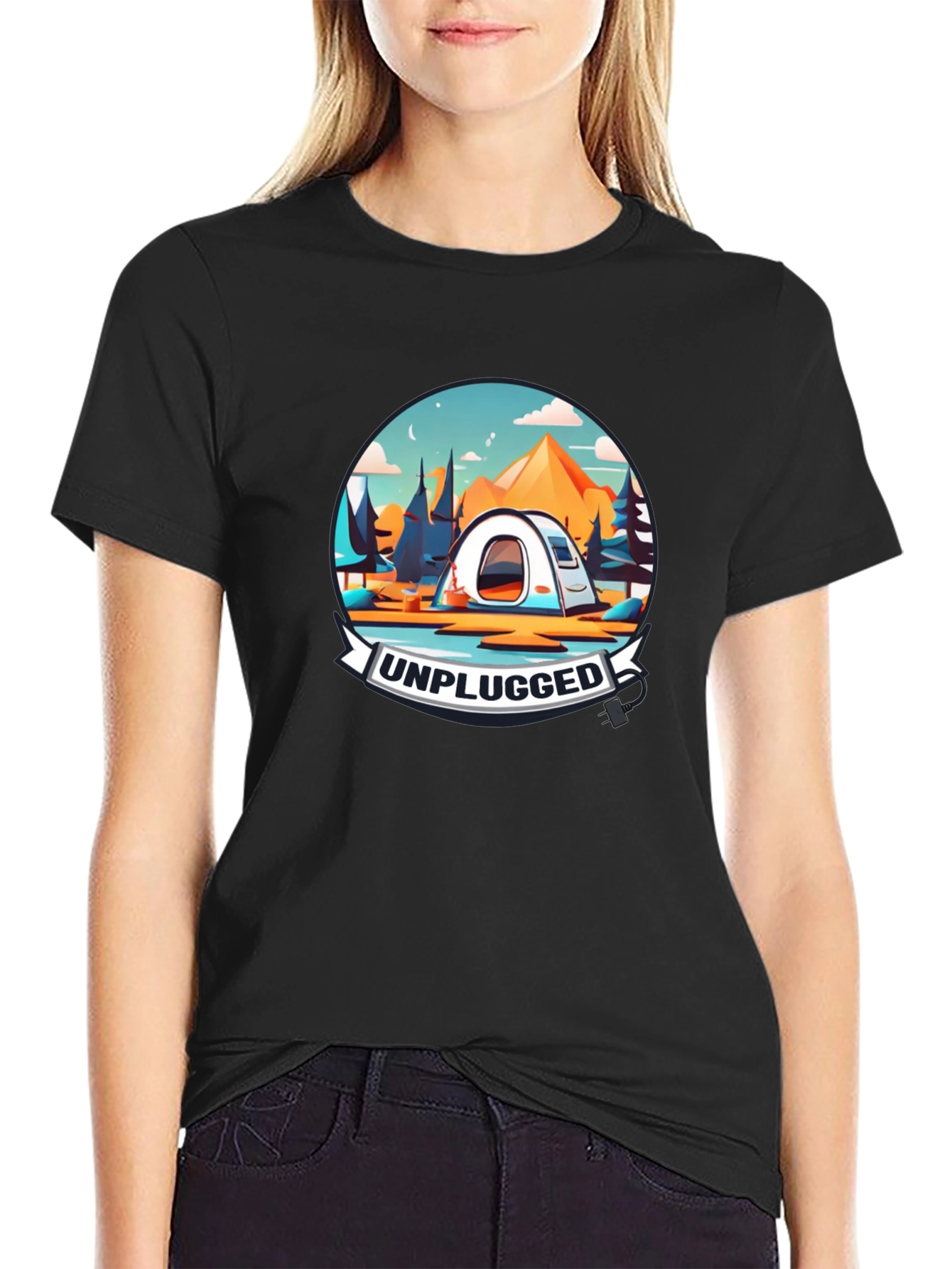 Unplugged Camping Graphic Tee - Black Cotton T-Shirt