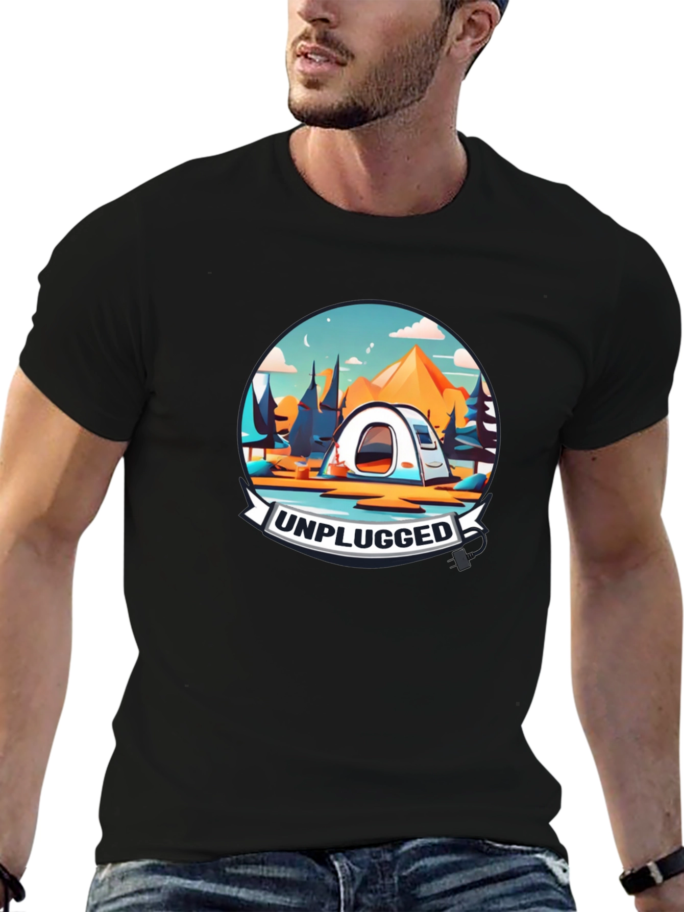 Unplugged Camping Graphic Tee - Black Cotton T-Shirt