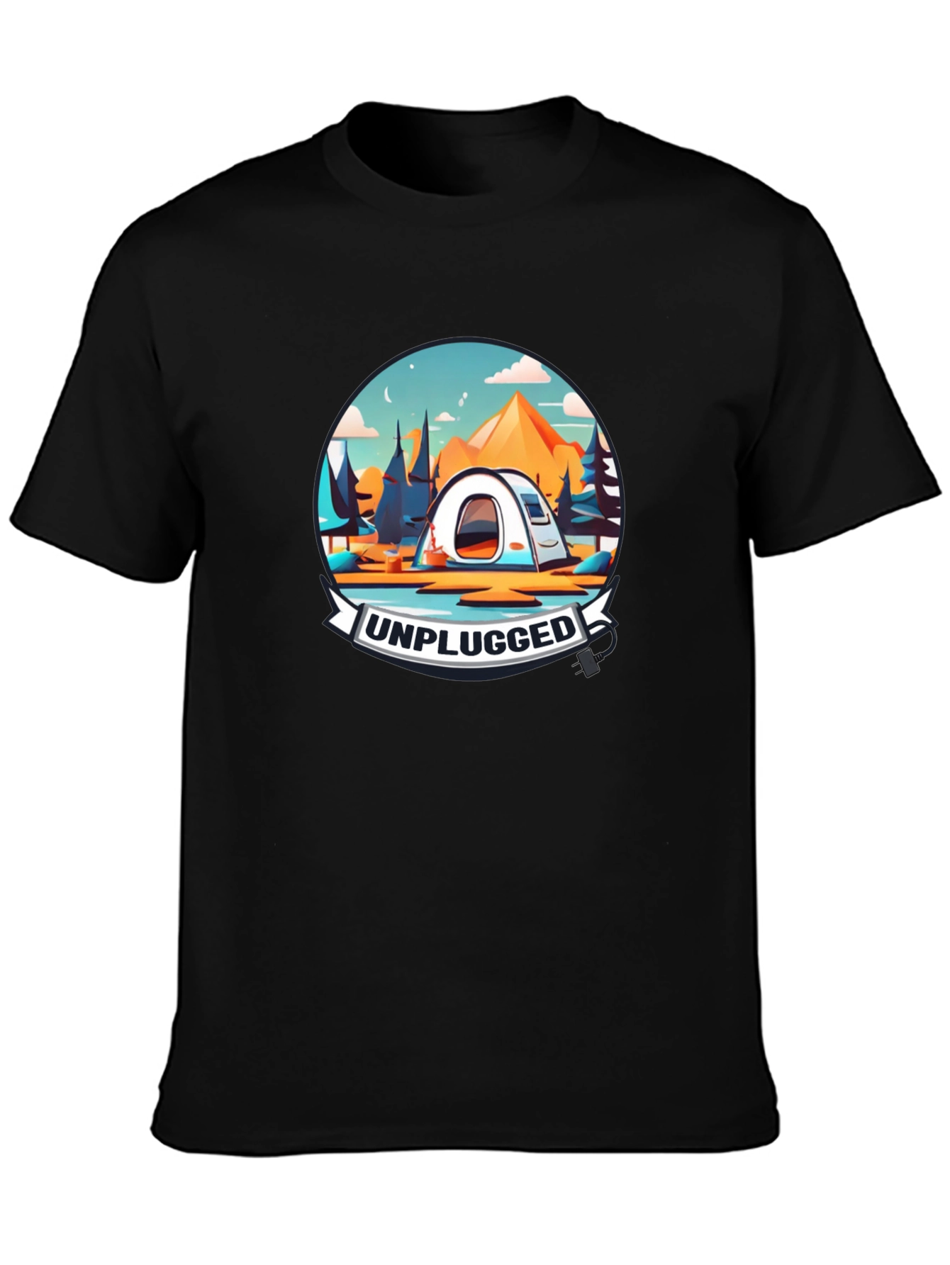 Unplugged Camping Graphic Tee - Black Cotton T-Shirt