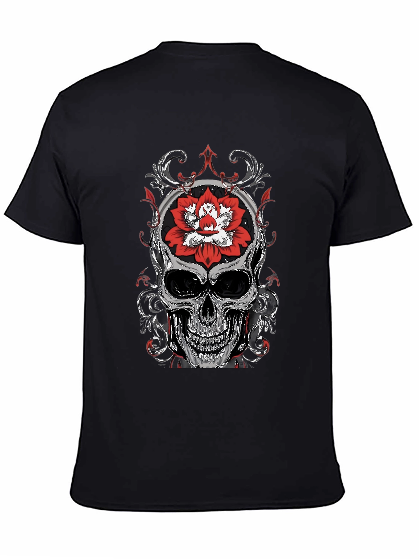 Skull and Lotus Flower Graphic T-Shirt
