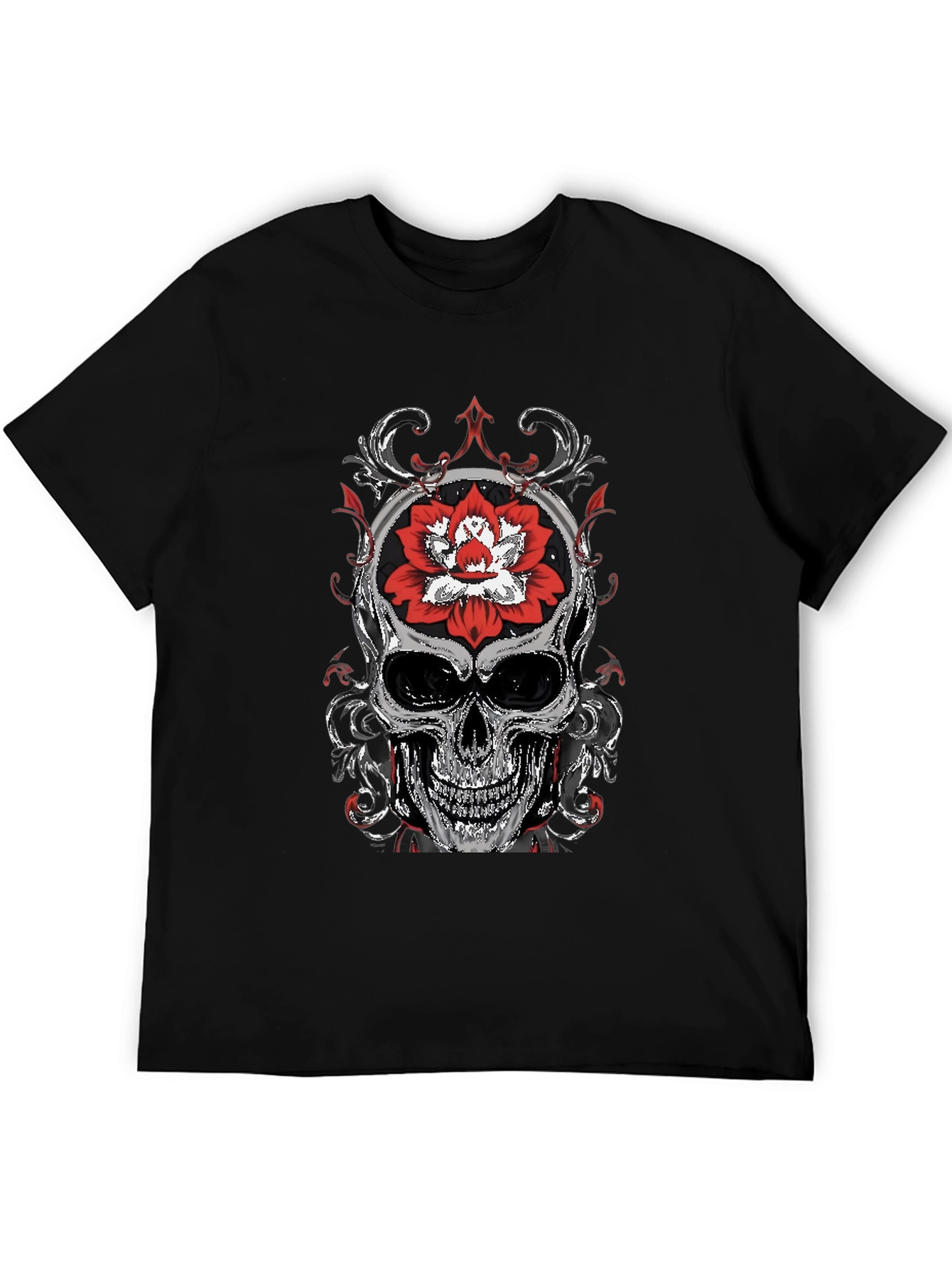 Skull and Lotus Flower Graphic T-Shirt