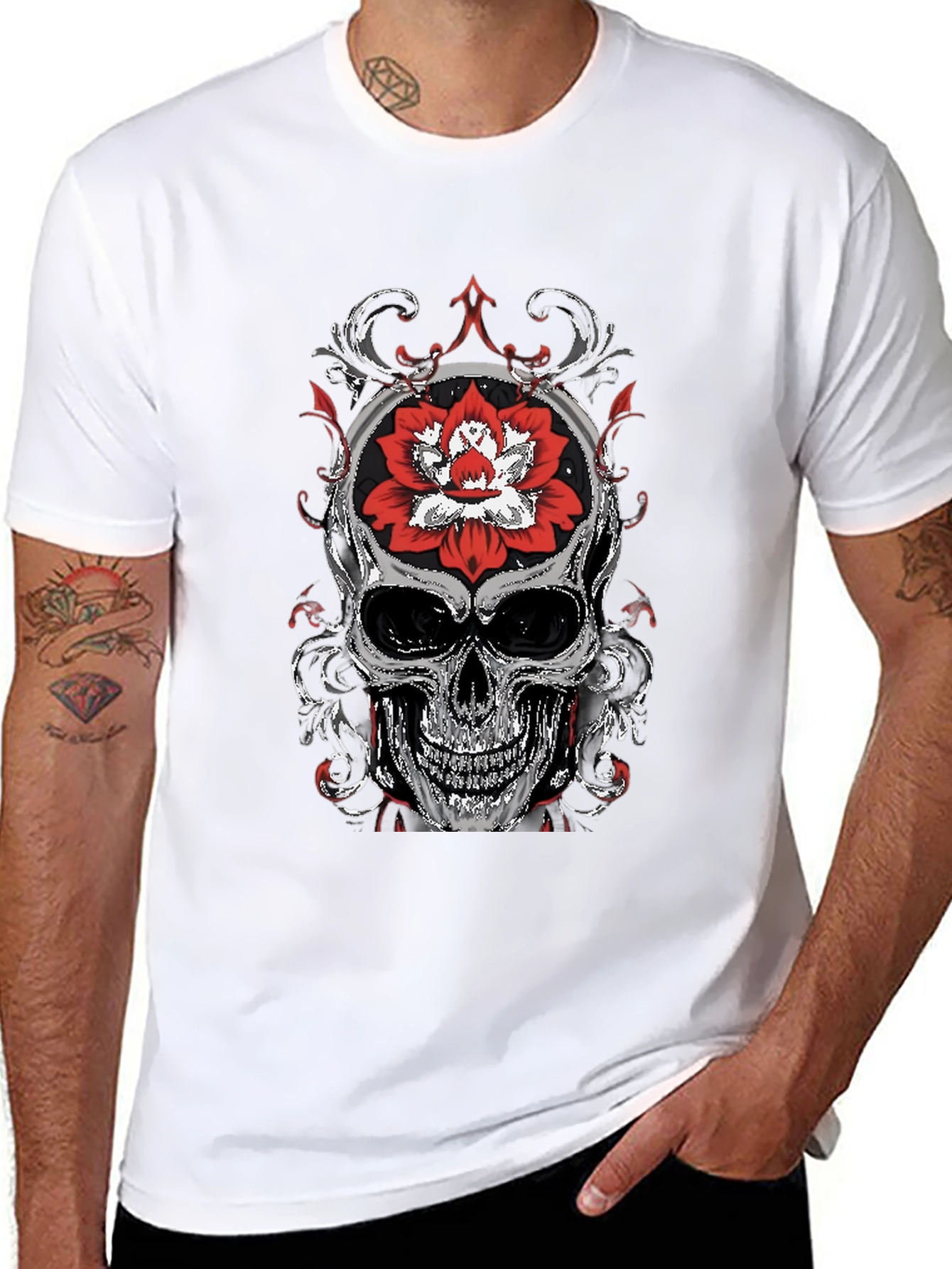 Skull and Lotus Flower Graphic T-Shirt