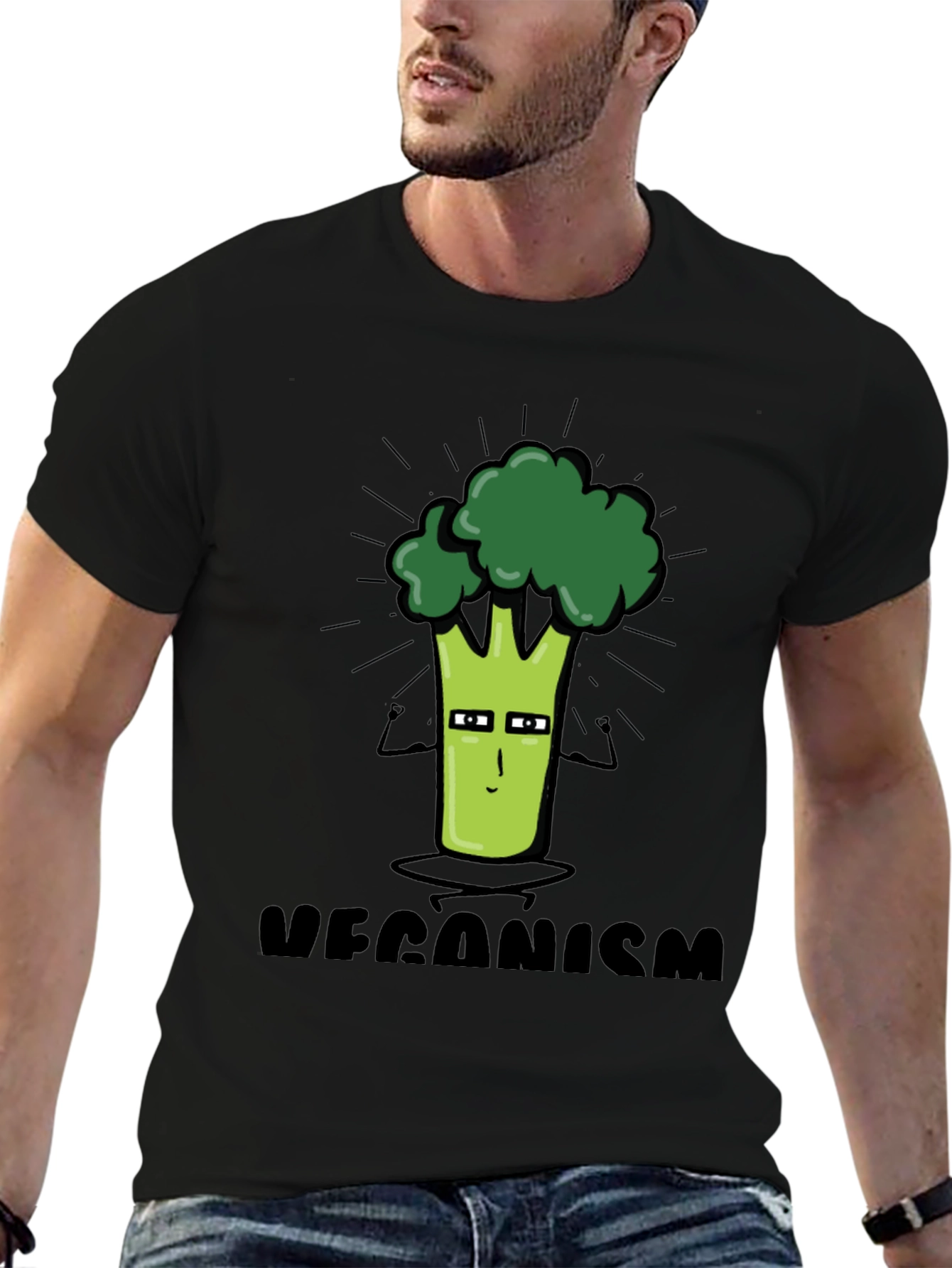 Veganism Cartoon Broccoli Black T-Shirt