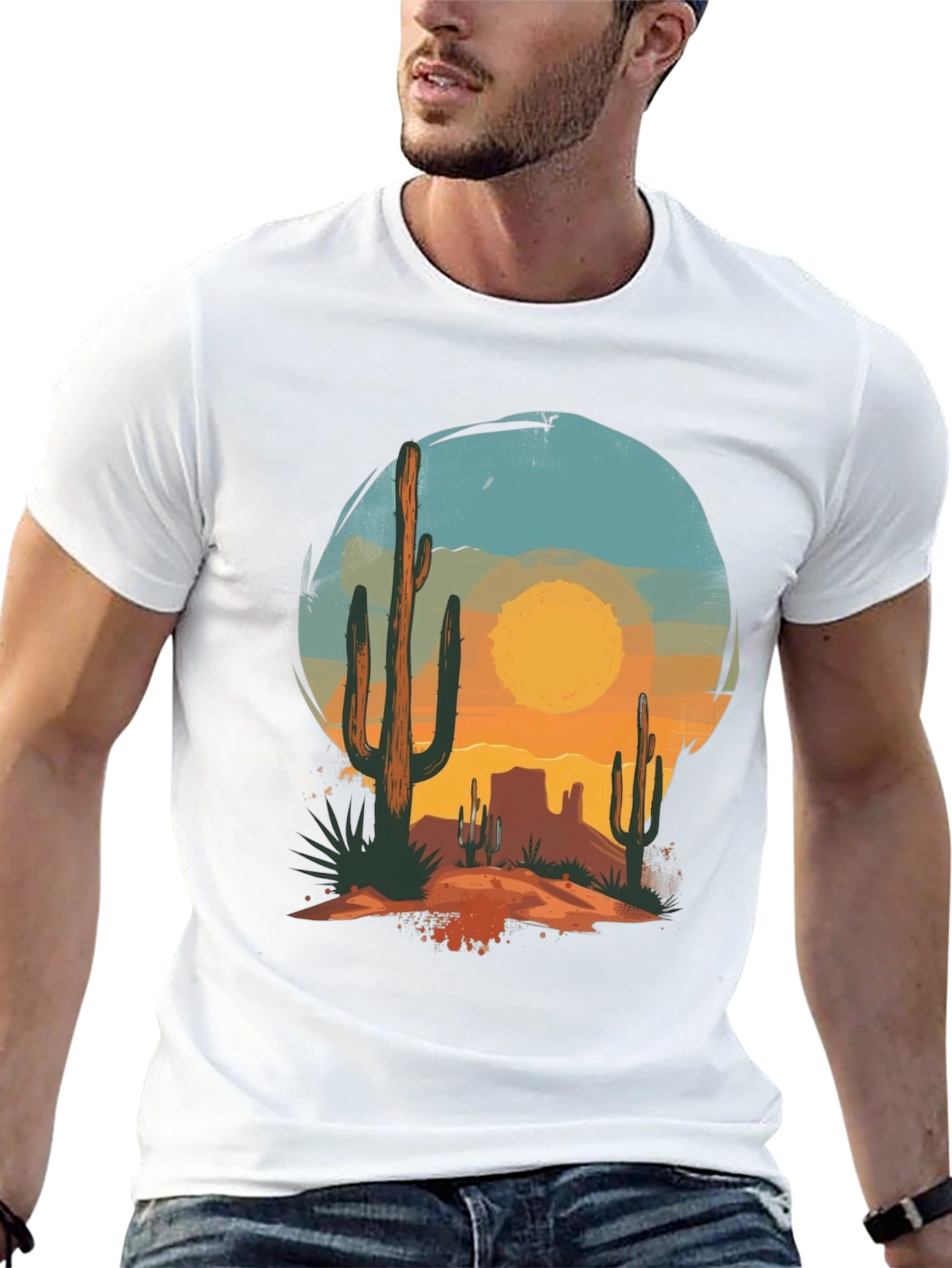 Desert Sunset Graphic Tee - Black Cotton Casual T-Shirt