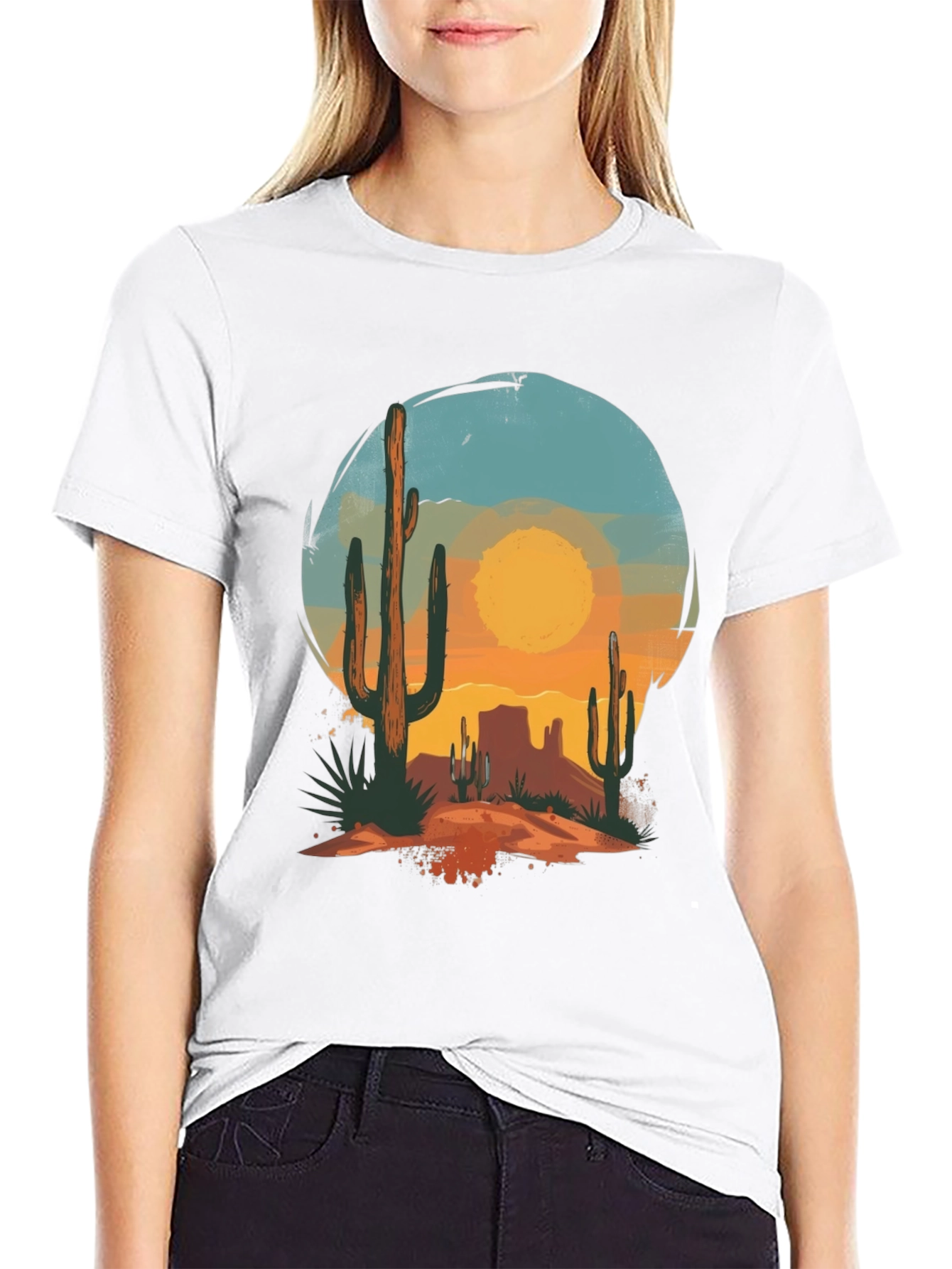Desert Sunset Graphic Tee - Black Cotton Casual T-Shirt
