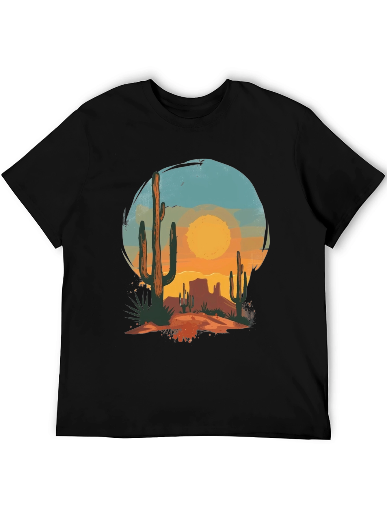 Desert Sunset Graphic Tee - Black Cotton Casual T-Shirt