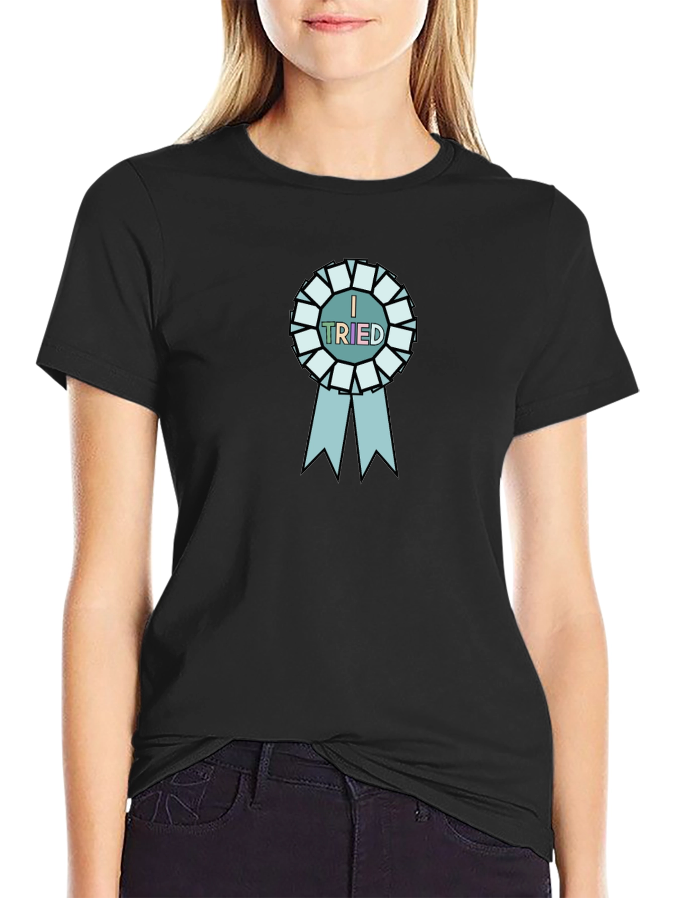 I Tried Black T-Shirt with Blue Ribbon Graphic