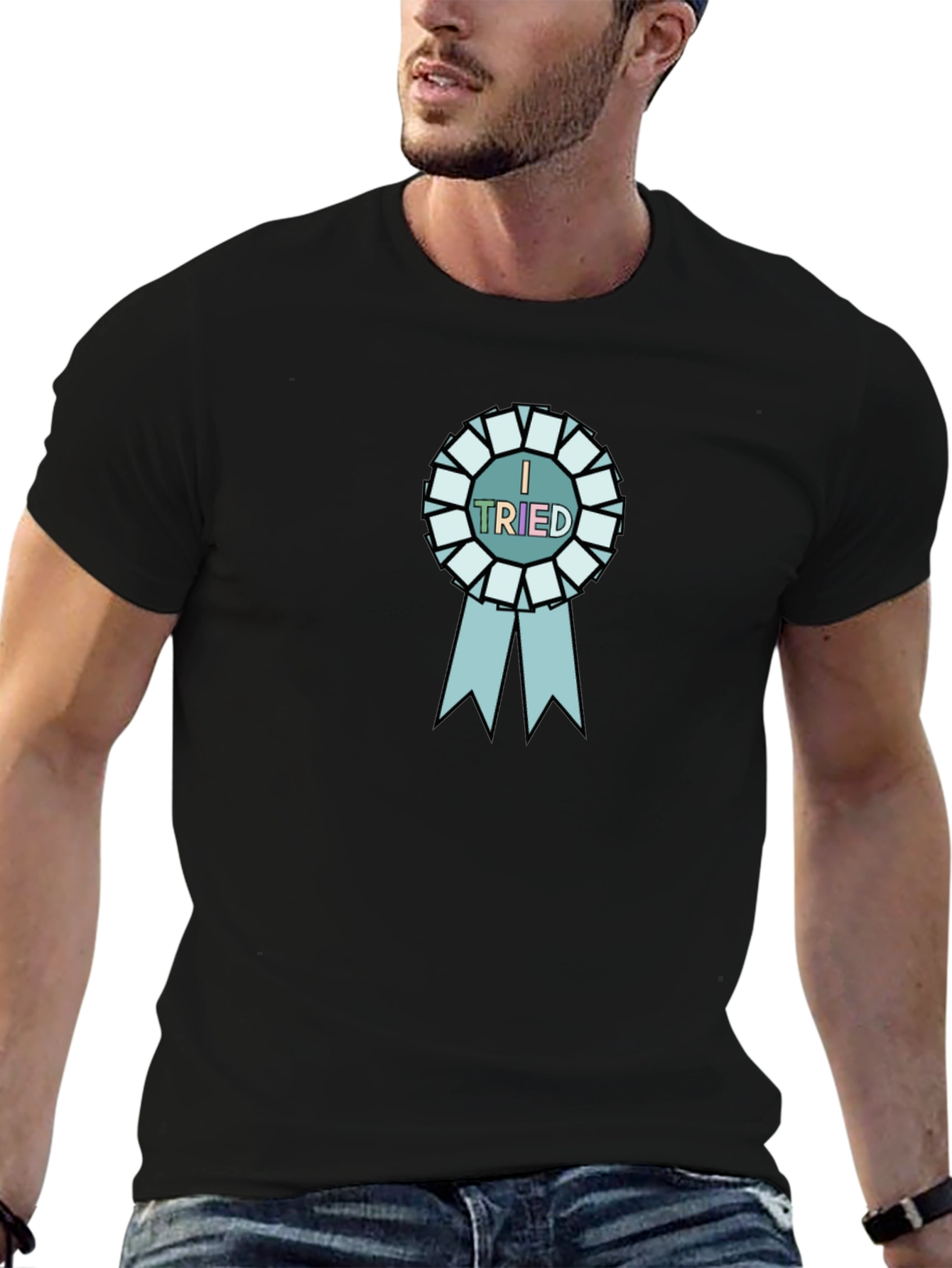 I Tried Black T-Shirt with Blue Ribbon Graphic