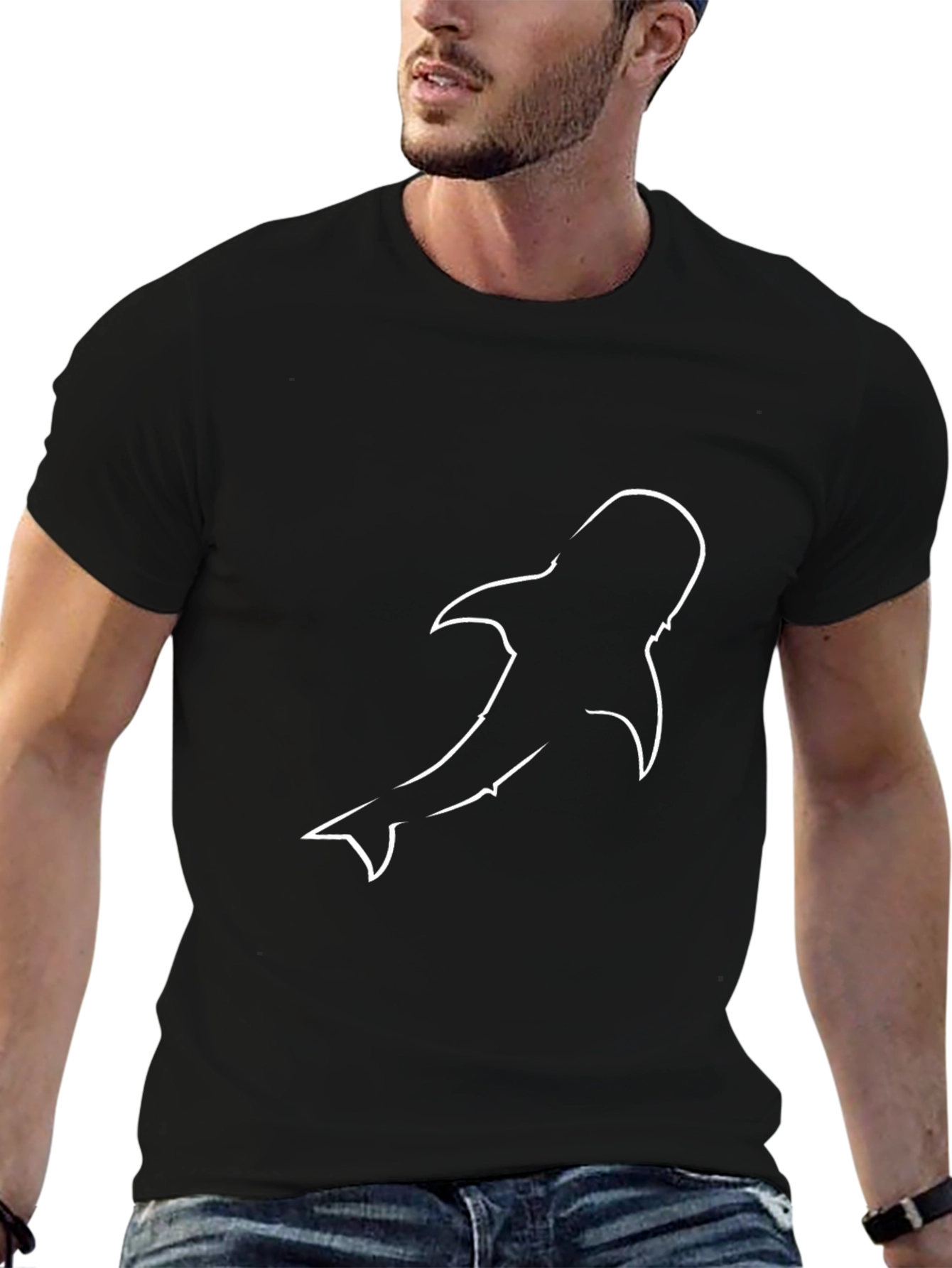 Mens Black T-Shirt with Abstract Whale Outline Design