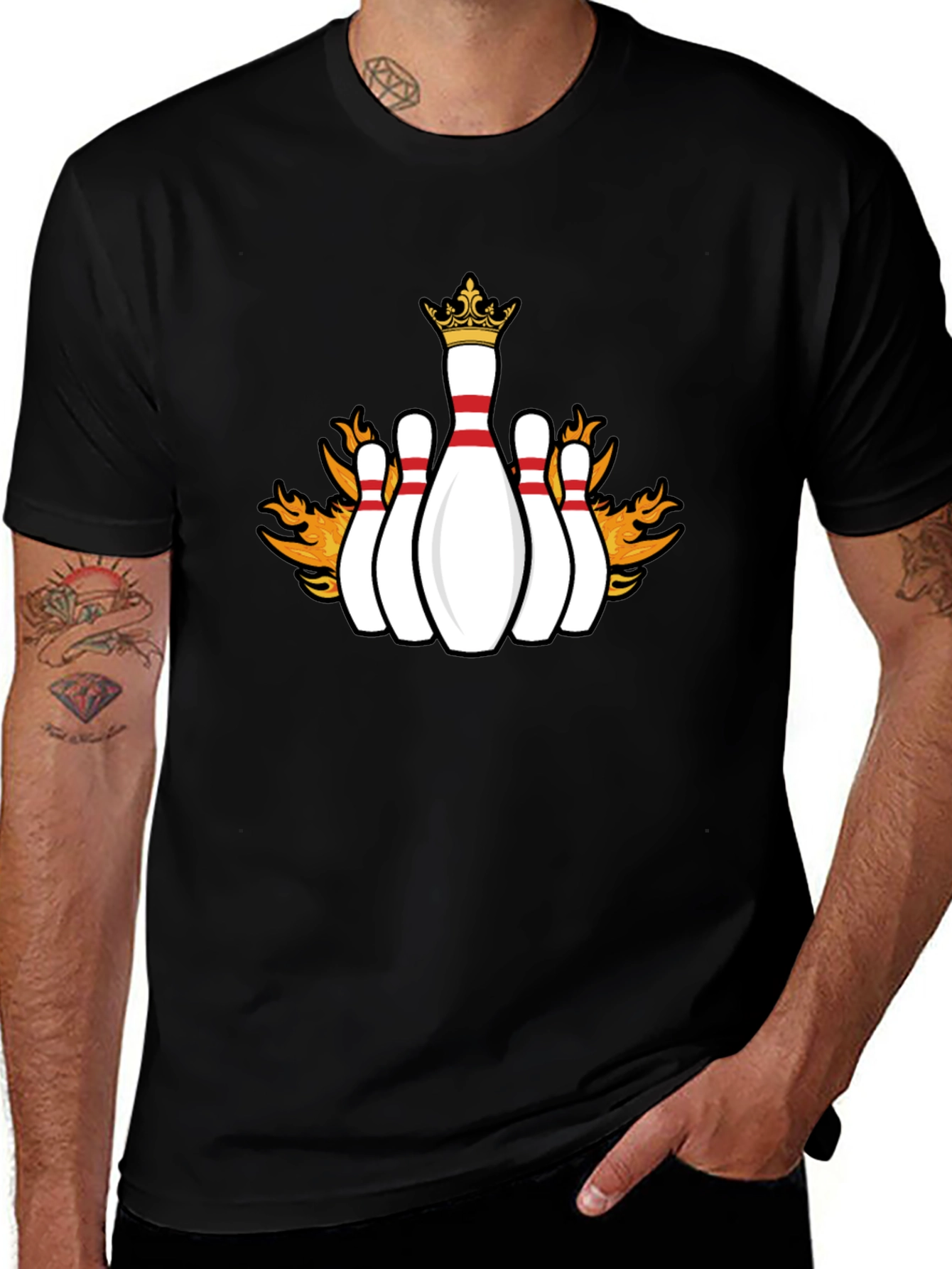 Flaming Crown Bowling Pins Black T-Shirt