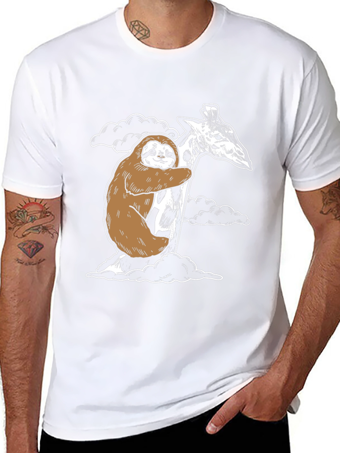 Sloth Hugging Giraffe Graphic Tee - Cute Animal Shirt
