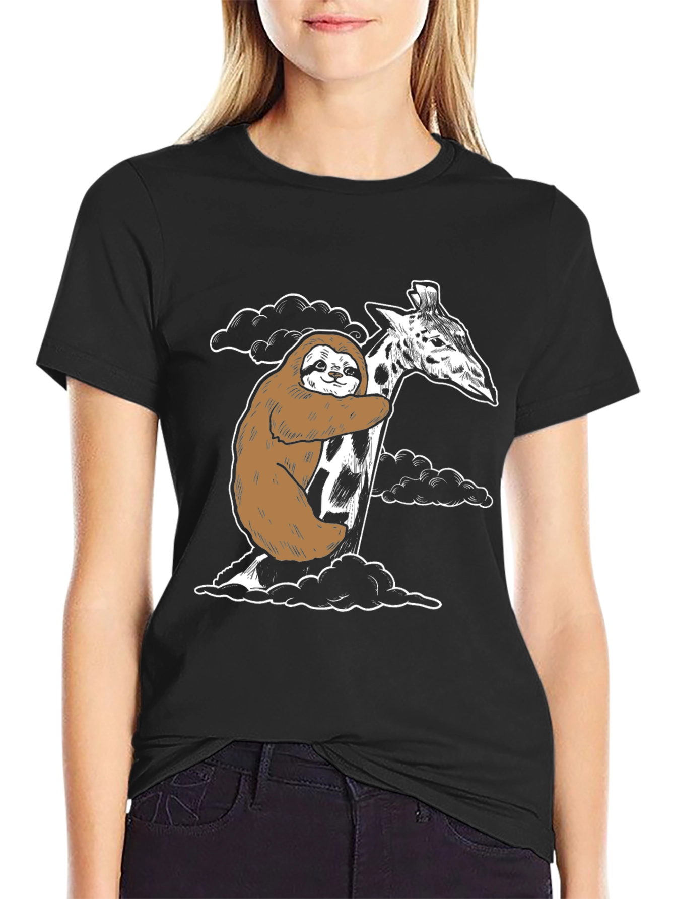 Sloth Hugging Giraffe Graphic Tee - Cute Animal Shirt