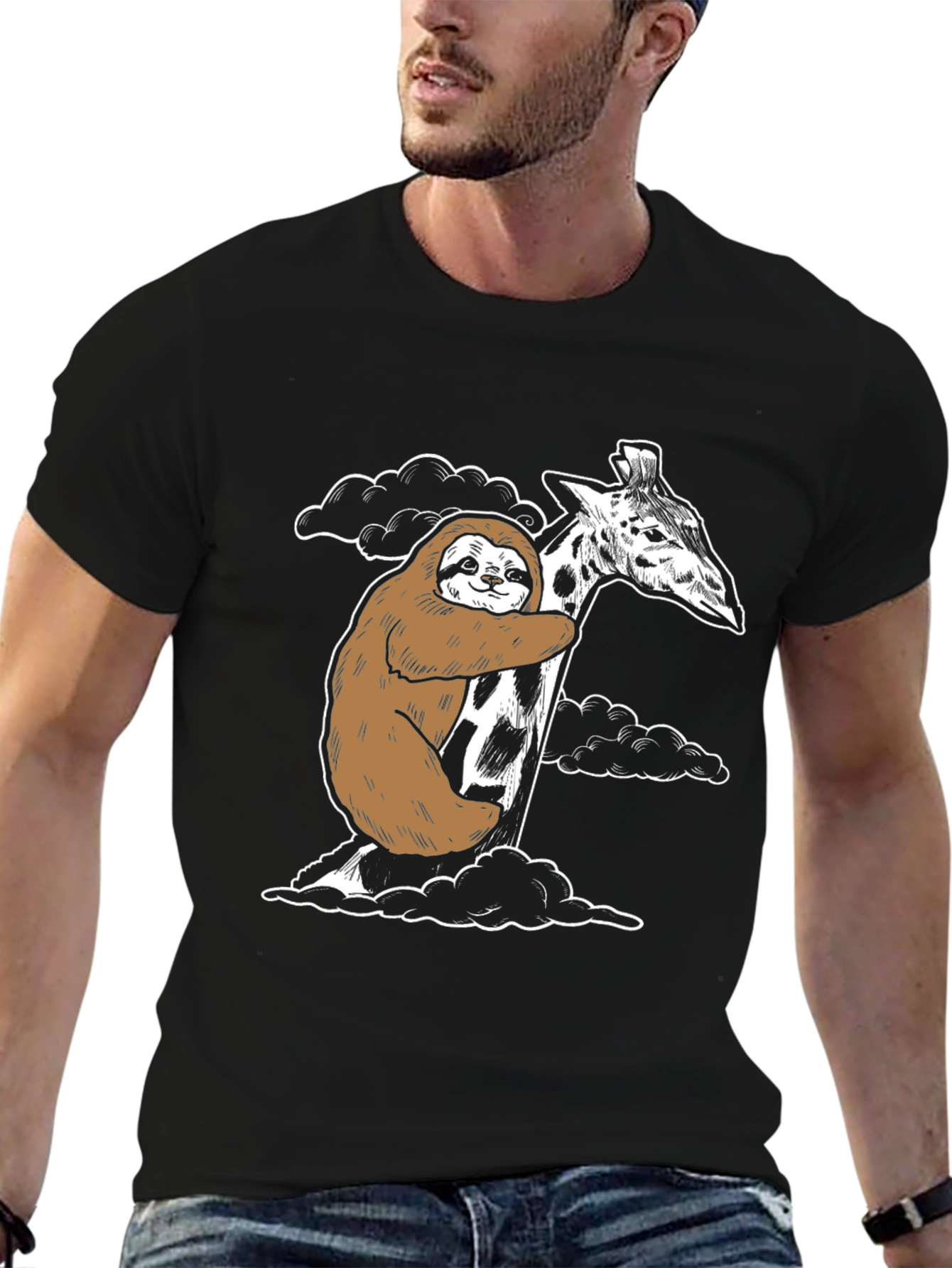 Sloth Hugging Giraffe Graphic Tee - Cute Animal Shirt