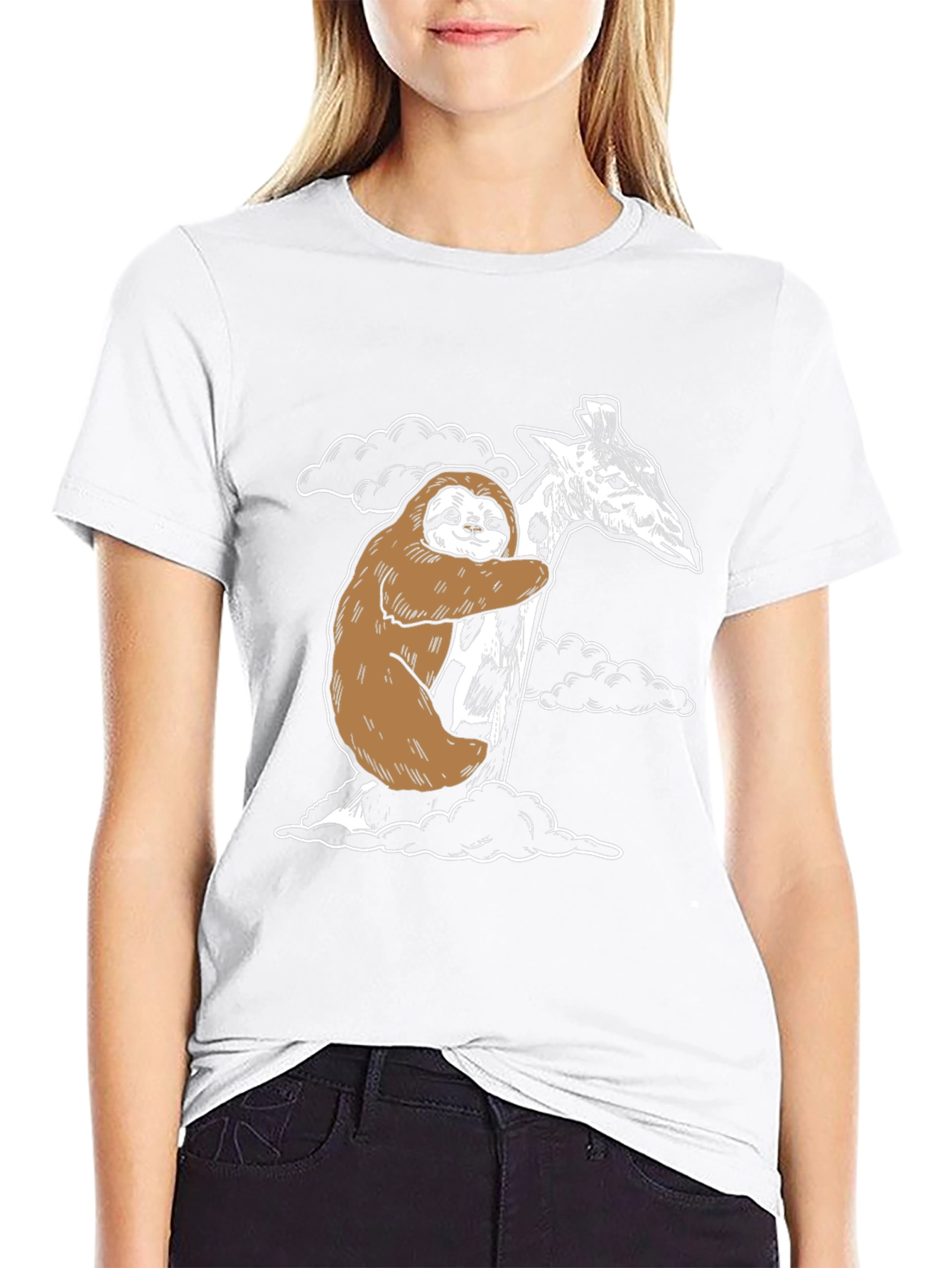 Sloth Hugging Giraffe Graphic Tee - Cute Animal Shirt