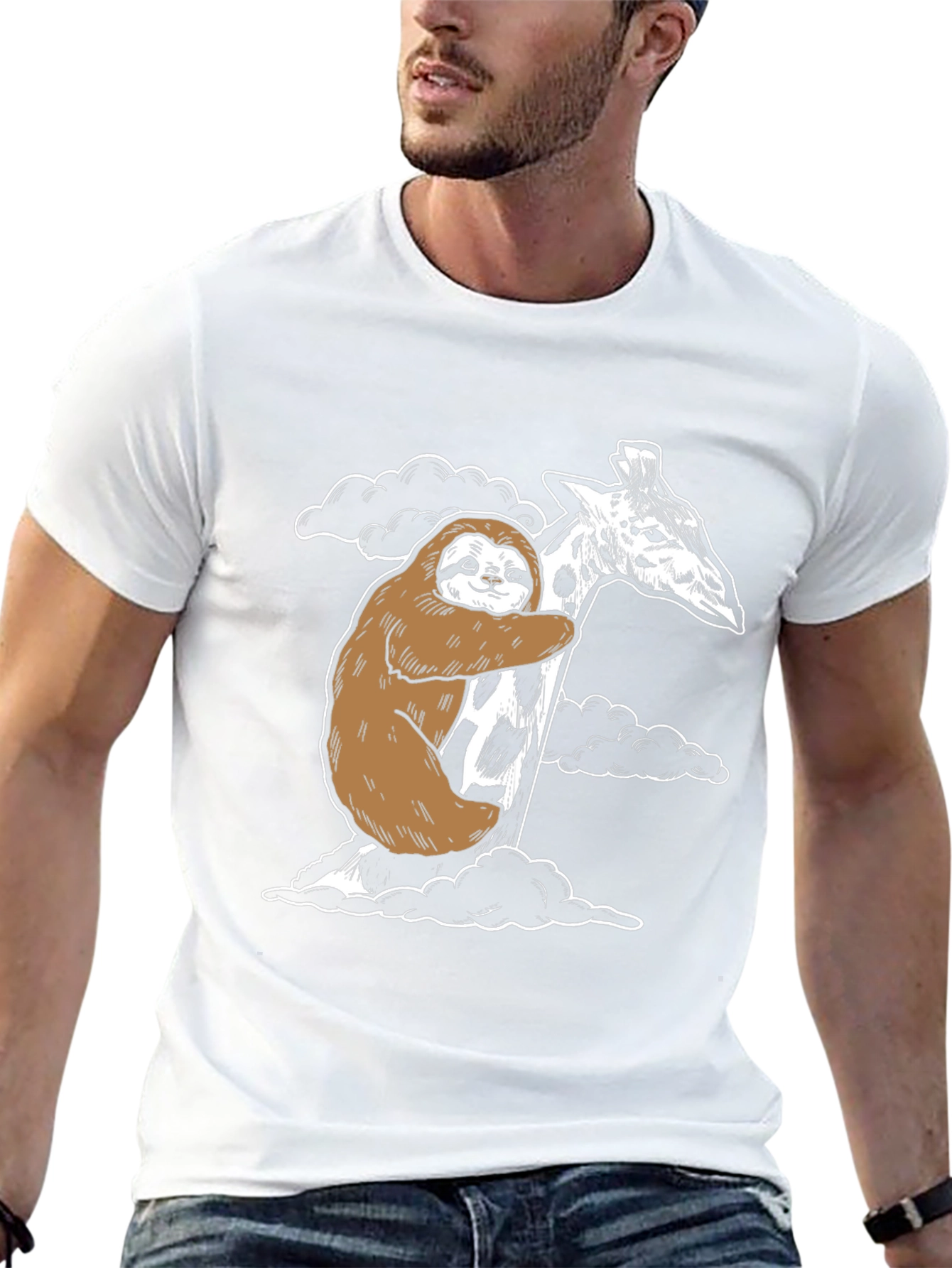 Sloth Hugging Giraffe Graphic Tee - Cute Animal Shirt