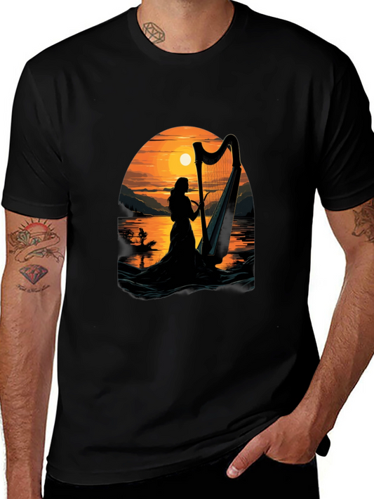 Harp Sunset T-Shirt - Musical Silhouette Tee
