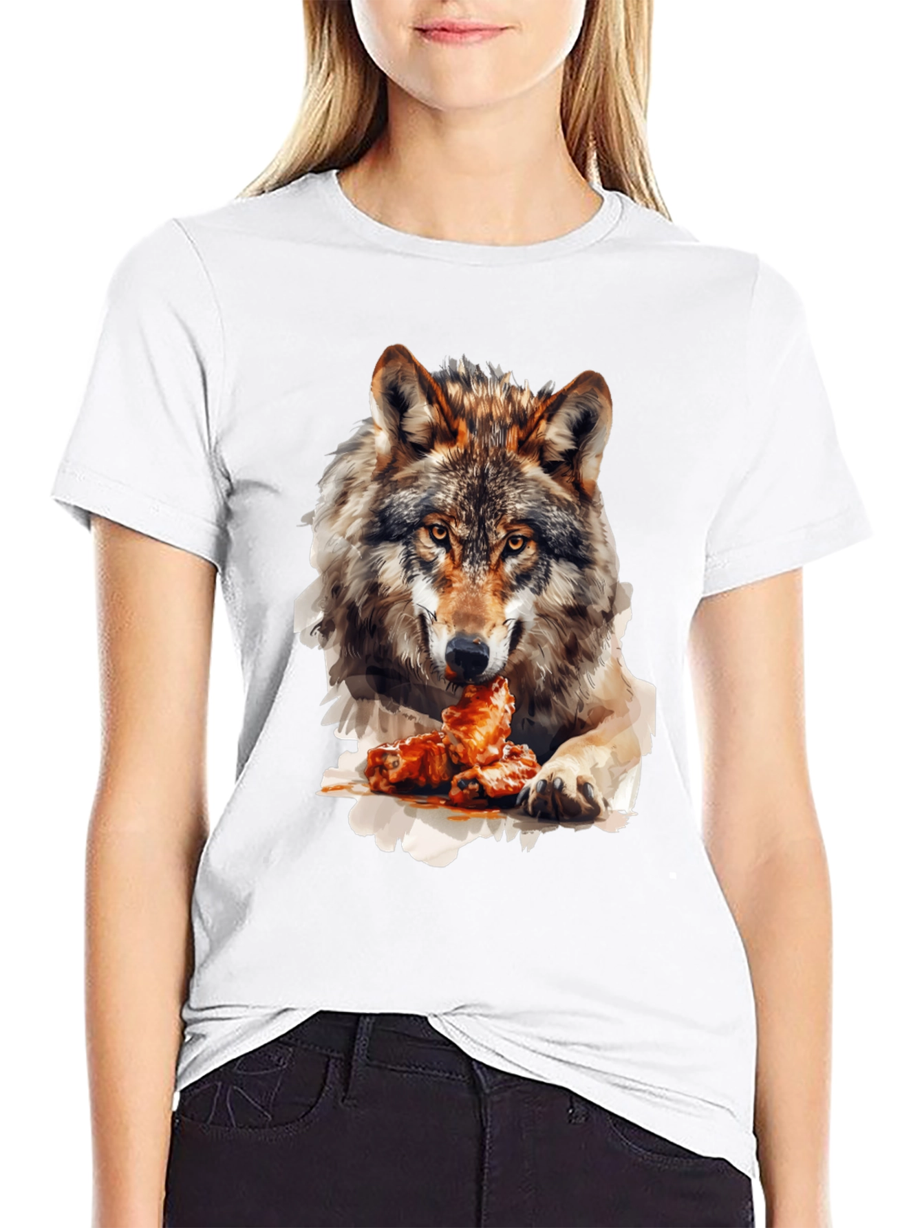Wolf Eating Chicken Wings Graphic T-Shirt