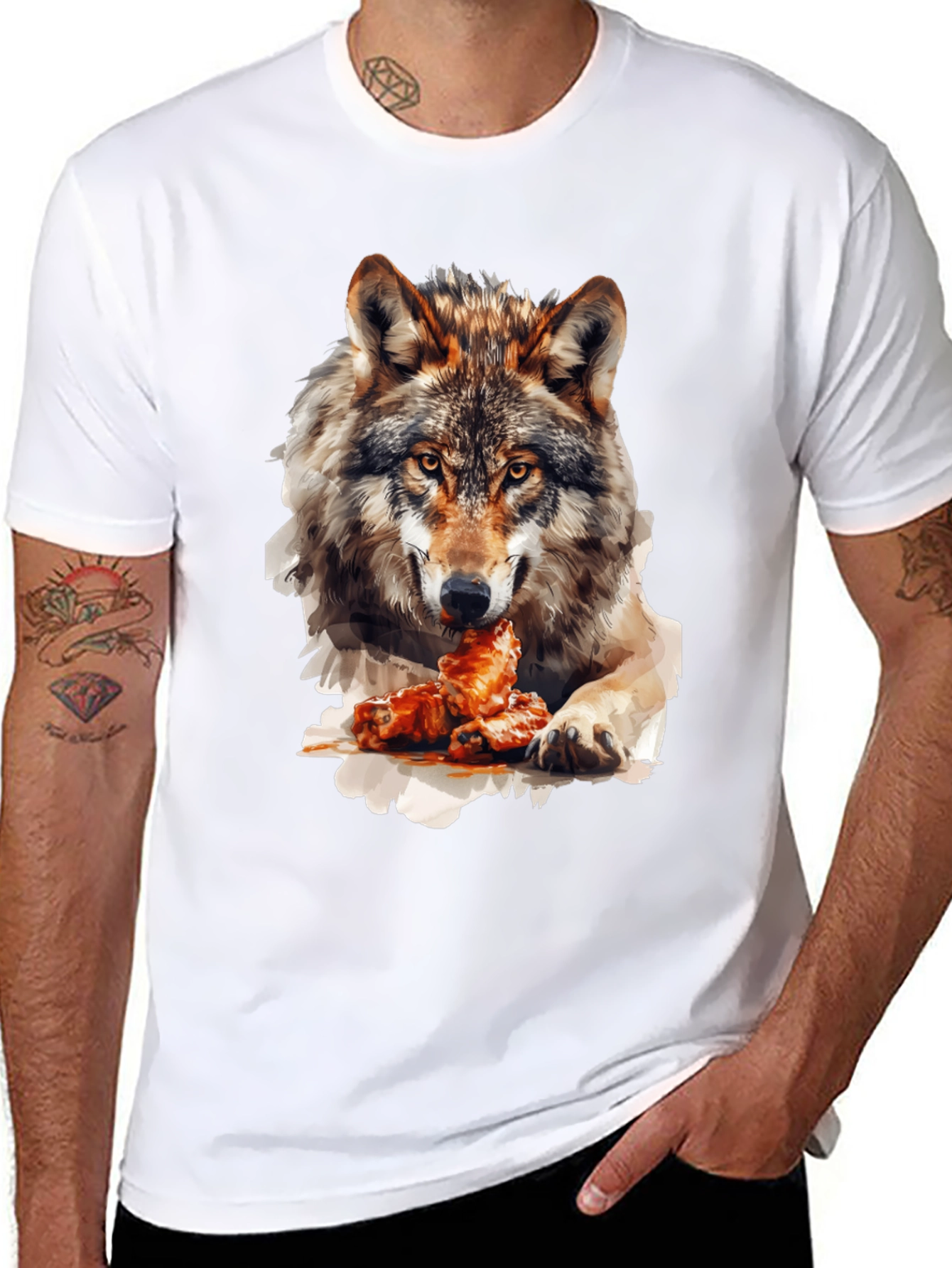 Wolf Eating Chicken Wings Graphic T-Shirt