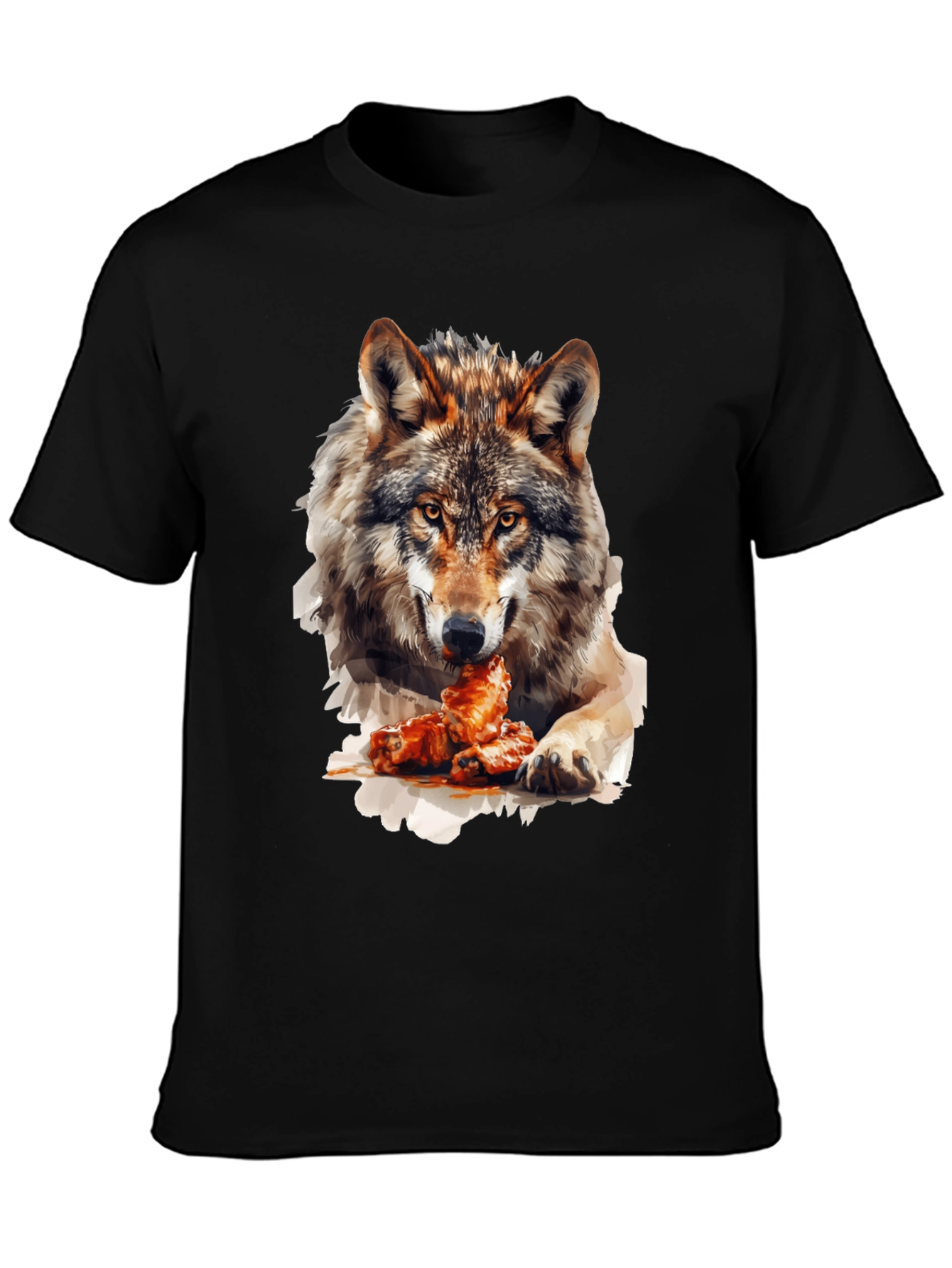 Wolf Eating Chicken Wings Graphic T-Shirt