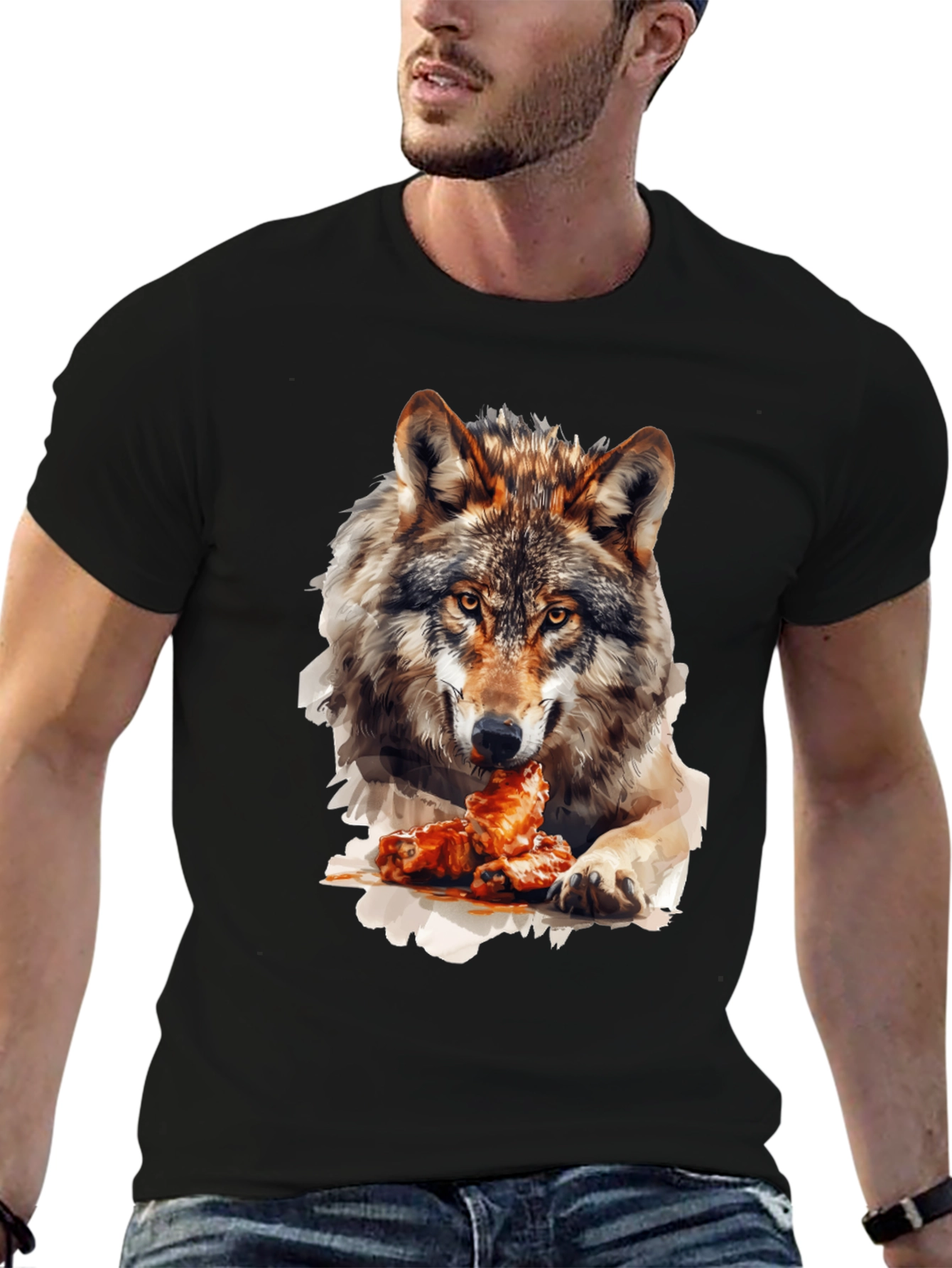 Wolf Eating Chicken Wings Graphic T-Shirt