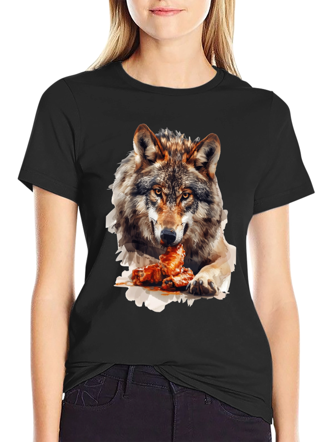 Wolf Eating Chicken Wings Graphic T-Shirt