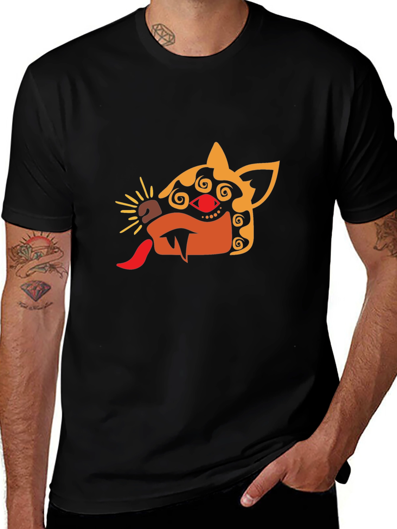 Mens Black T-Shirt with Aztec-Inspired Animal Design